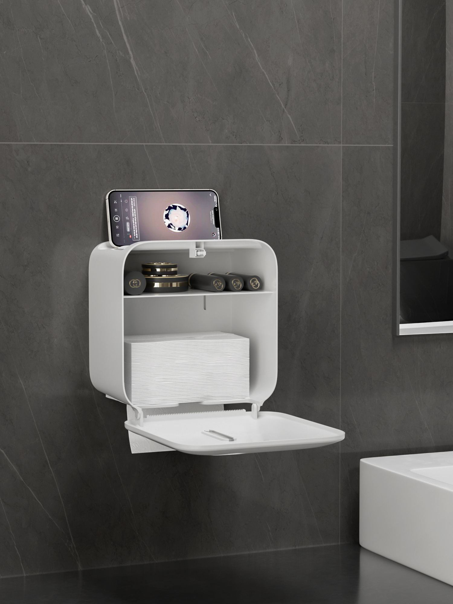 Tissue box，Wall mounted tissue box，Qingmei Institute，Home Furnishing，bathroom，industrial design，