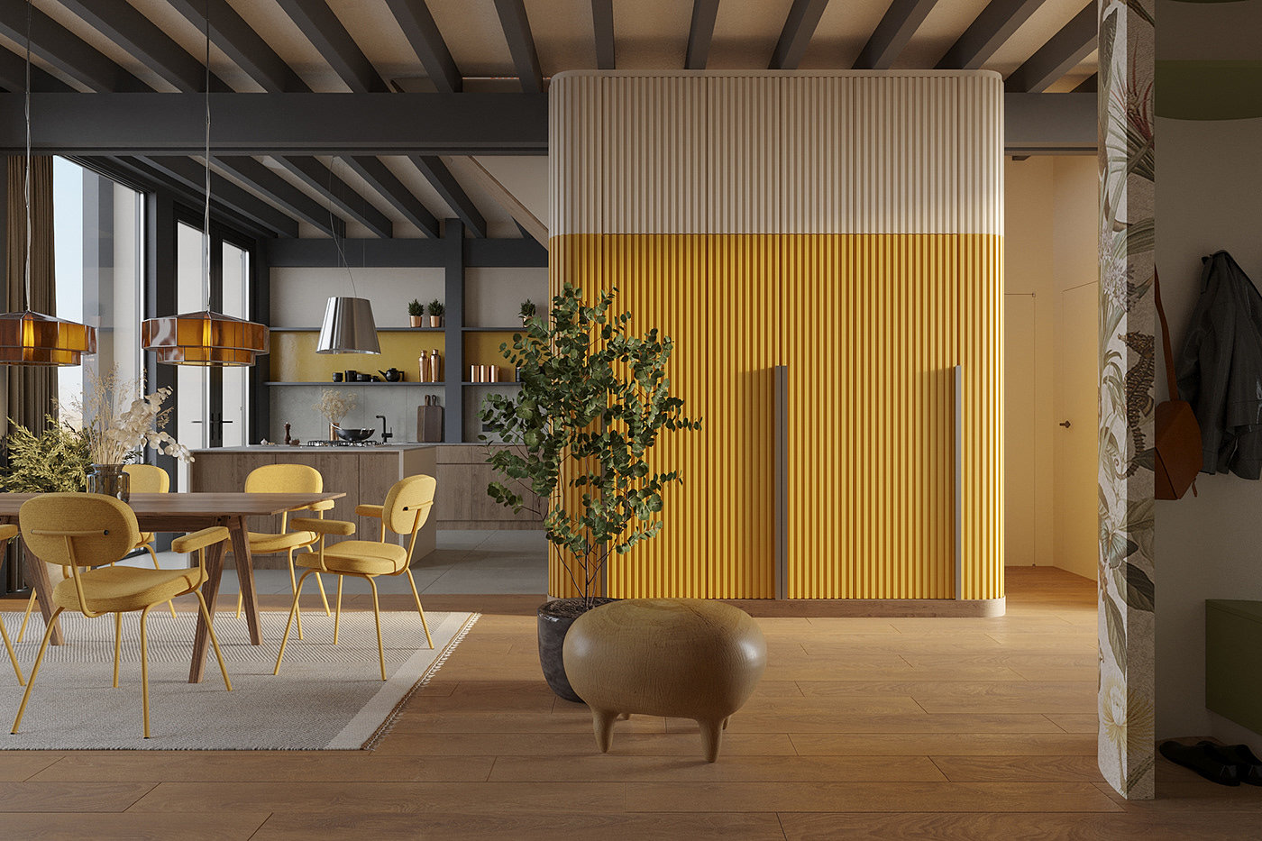 barn house，室内，室内设计，现代，木材，黄色，
