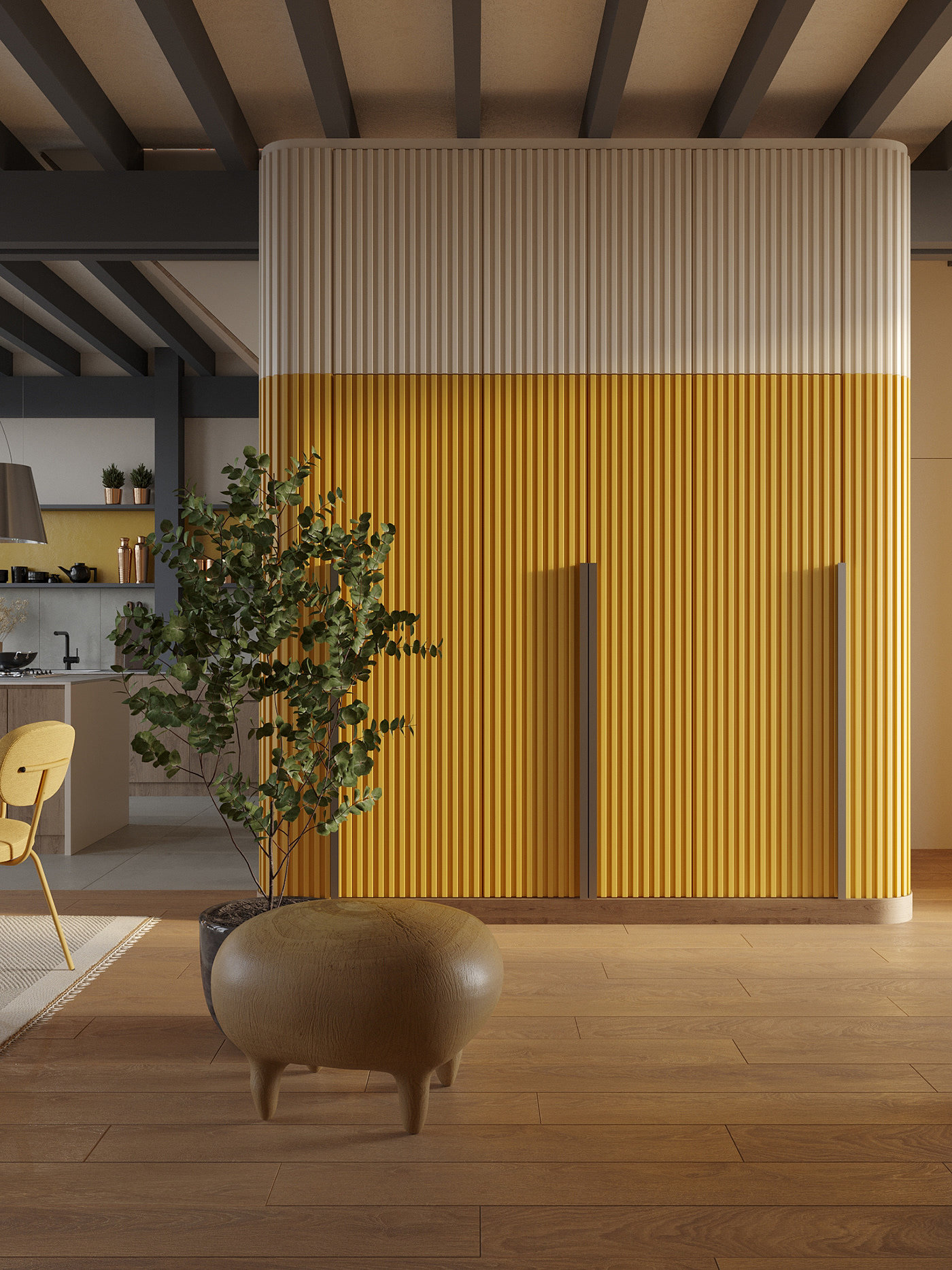 barn house，室内，室内设计，现代，木材，黄色，