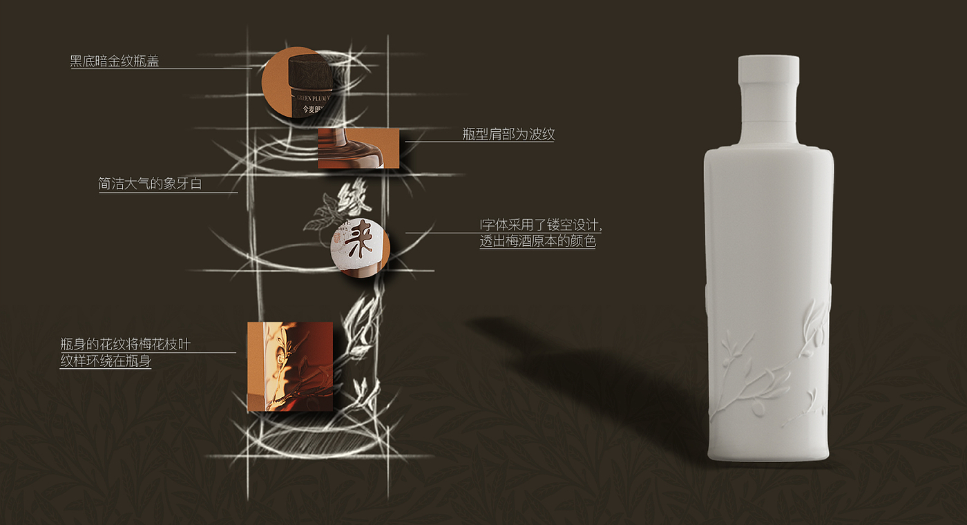 packing design，3D design，Drink，Render，Green plum wine，Bottle type and bottle label，Bottle logo design，