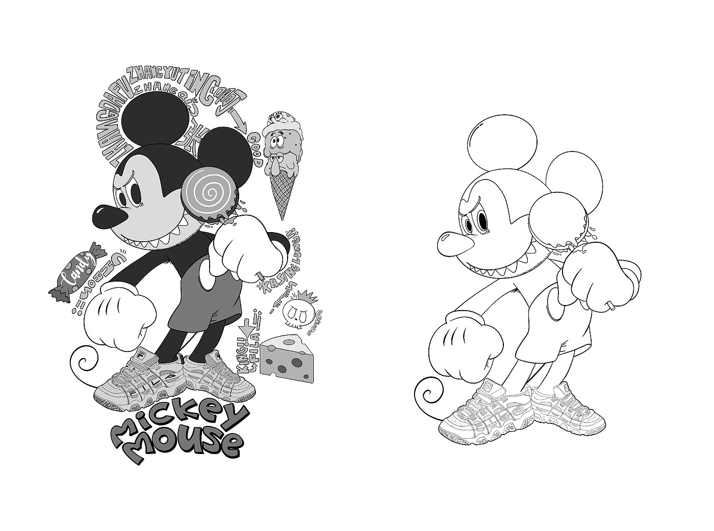 Illustration，Tide play，Graffiti，Spongebob，Mickey Mouse，