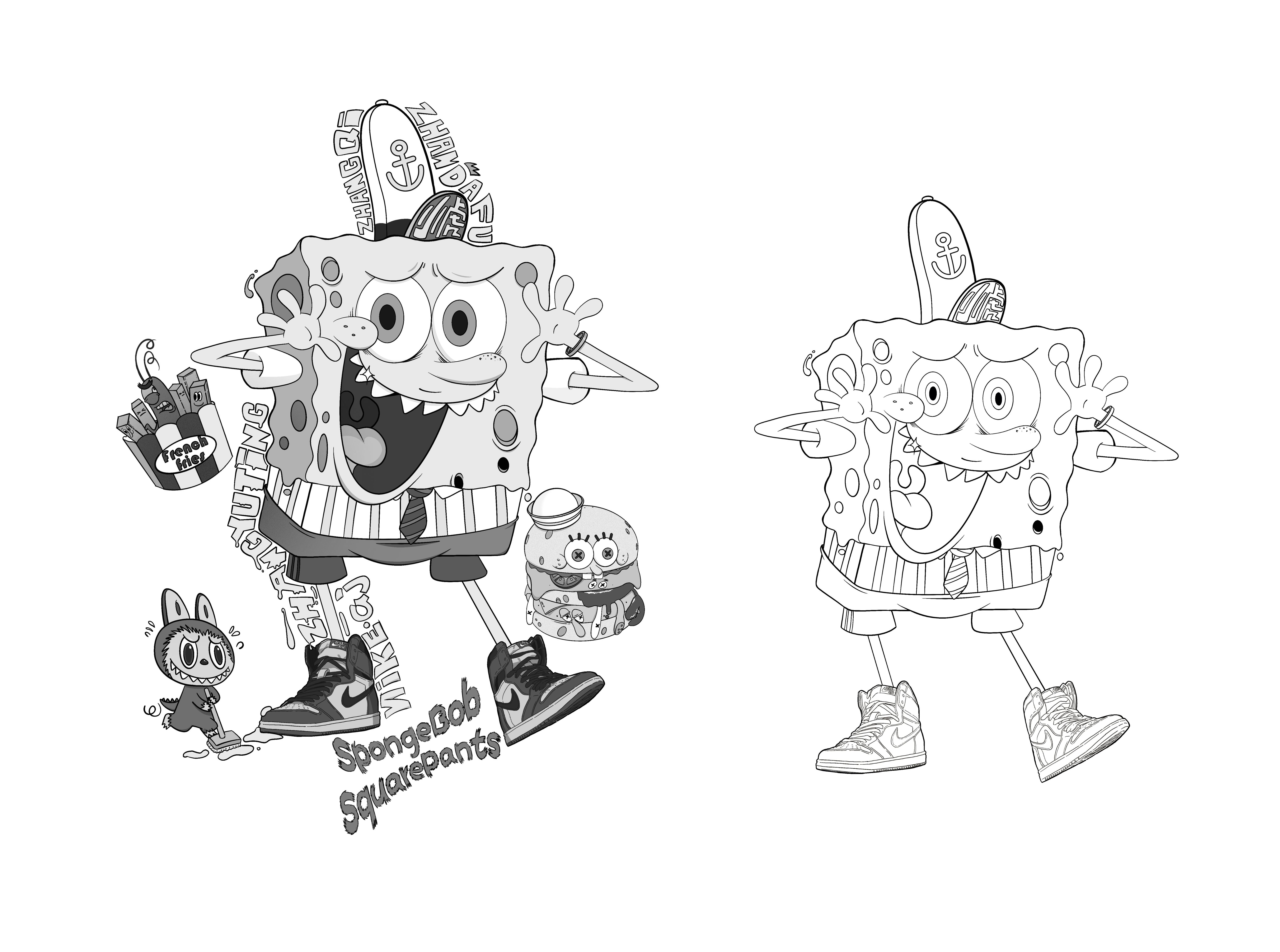 Illustration，Tide play，Graffiti，Spongebob，Mickey Mouse，