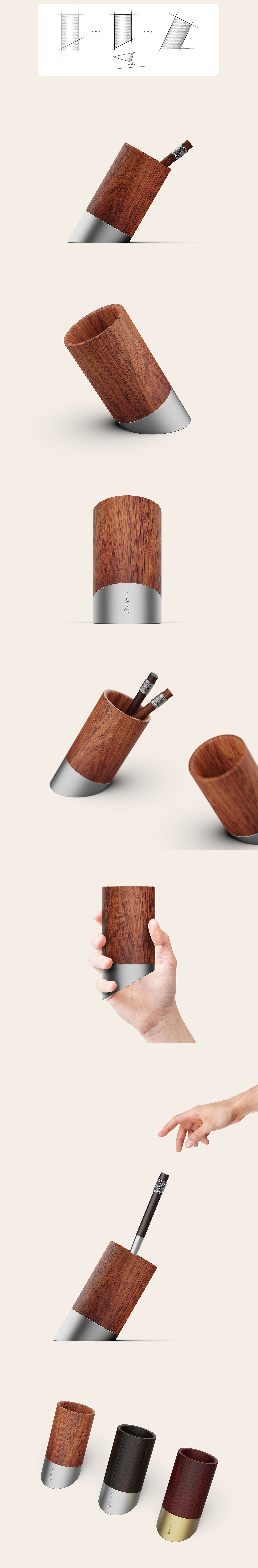 pen container，Tilted pen container，stainless steel，Wood rosewood walnut，product design，Wen Chuang，Cultural and creative products，
