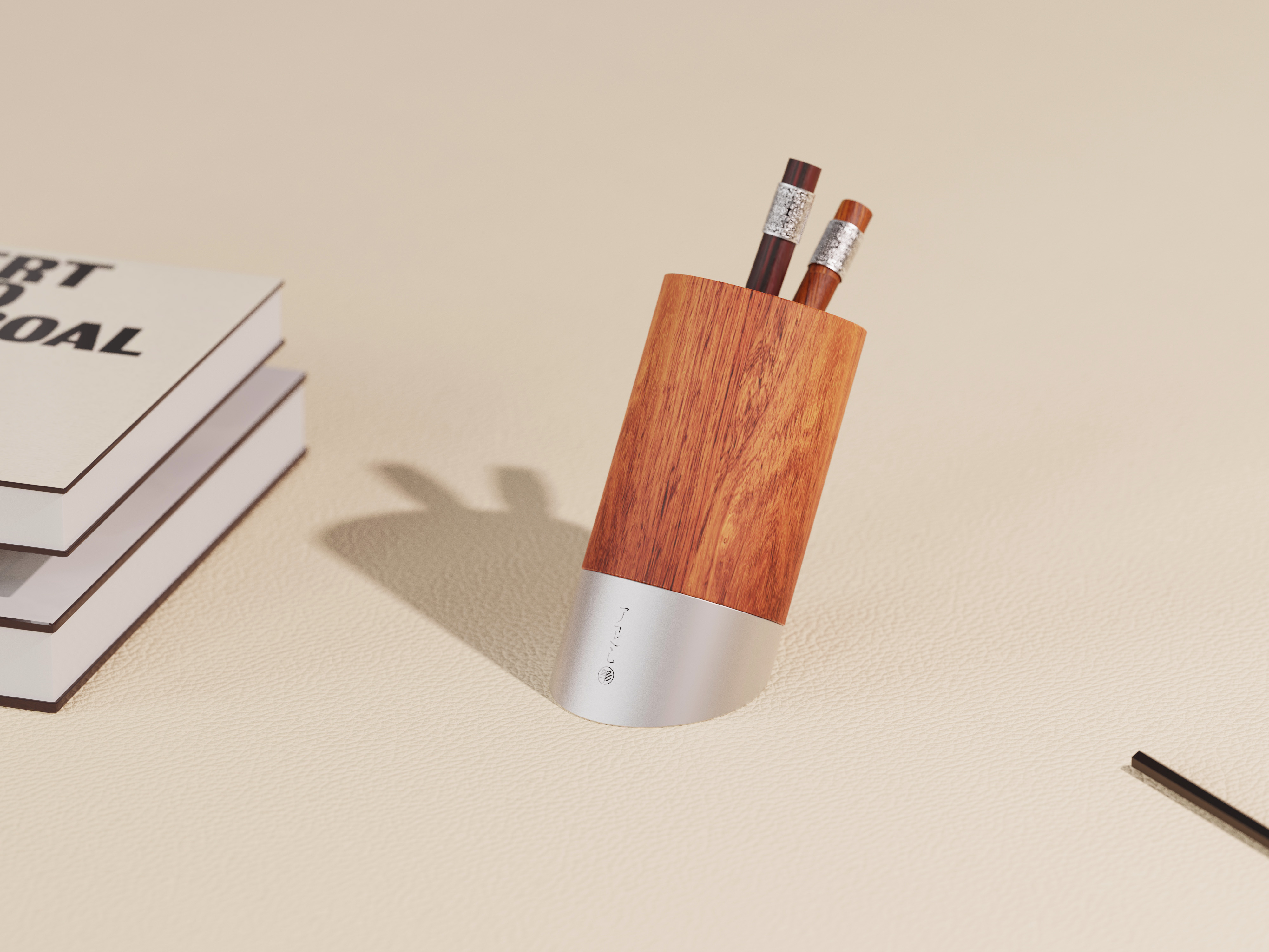 pen container，Tilted pen container，stainless steel，Wood rosewood walnut，product design，Wen Chuang，Cultural and creative products，