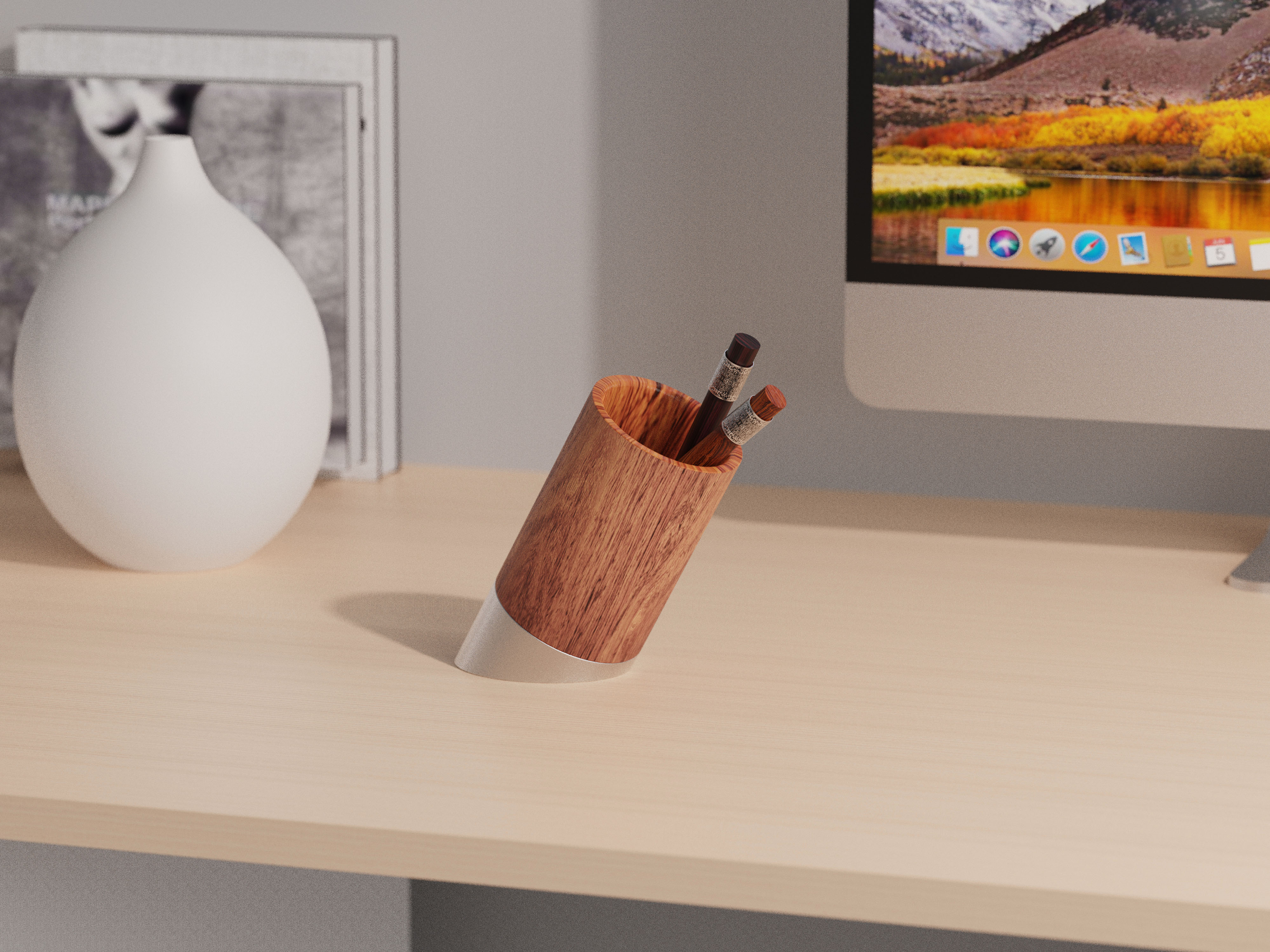 pen container，Tilted pen container，stainless steel，Wood rosewood walnut，product design，Wen Chuang，Cultural and creative products，