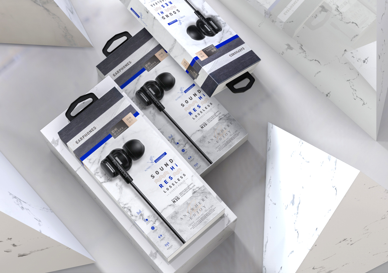 headset，packing design，Electronic product packaging，3C packaging，Earphone packaging，Line control earphone，
