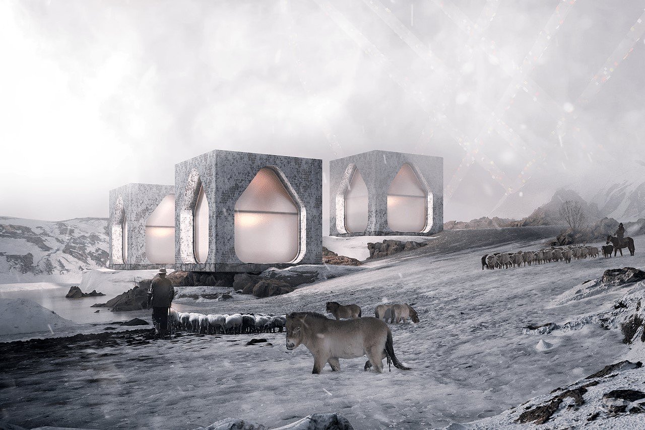 Batyrkhan Bayaliev，Mongolian yurts，concrete，conceptual design，