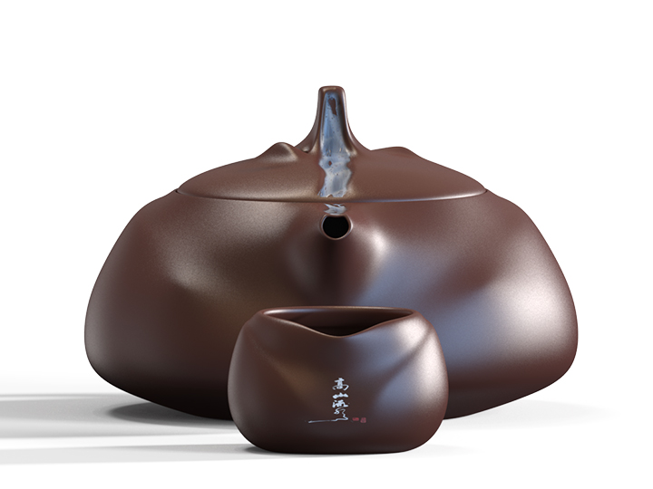 High mountains and flowing water，dark-red enameled pottery teapot，artistic conception，ceramics，tea set，