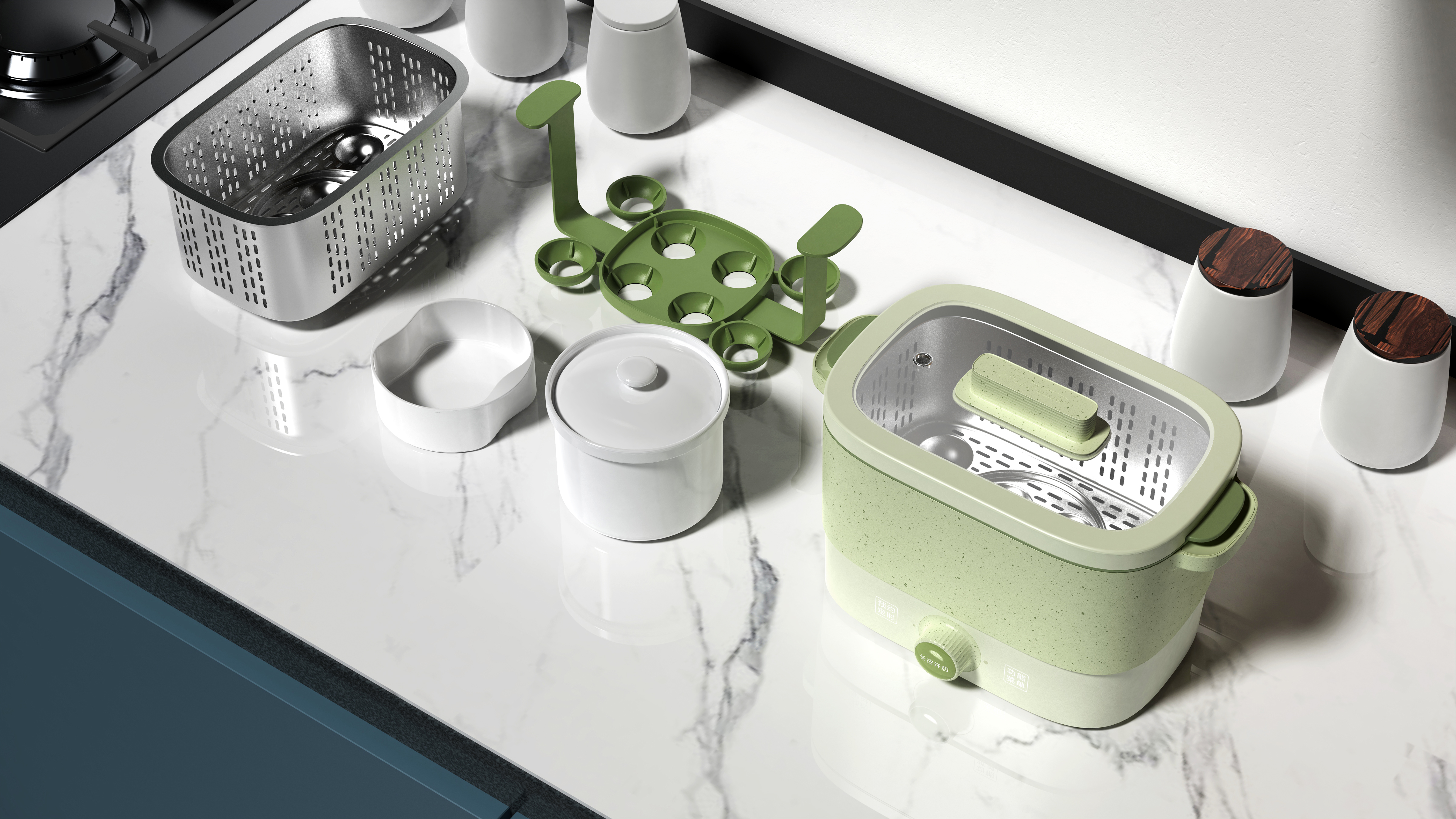 household electrical appliances，Electric cooker，Kitchen appliances，industrial design，Multifunctional one-piece pot，One person food，Snail powder，