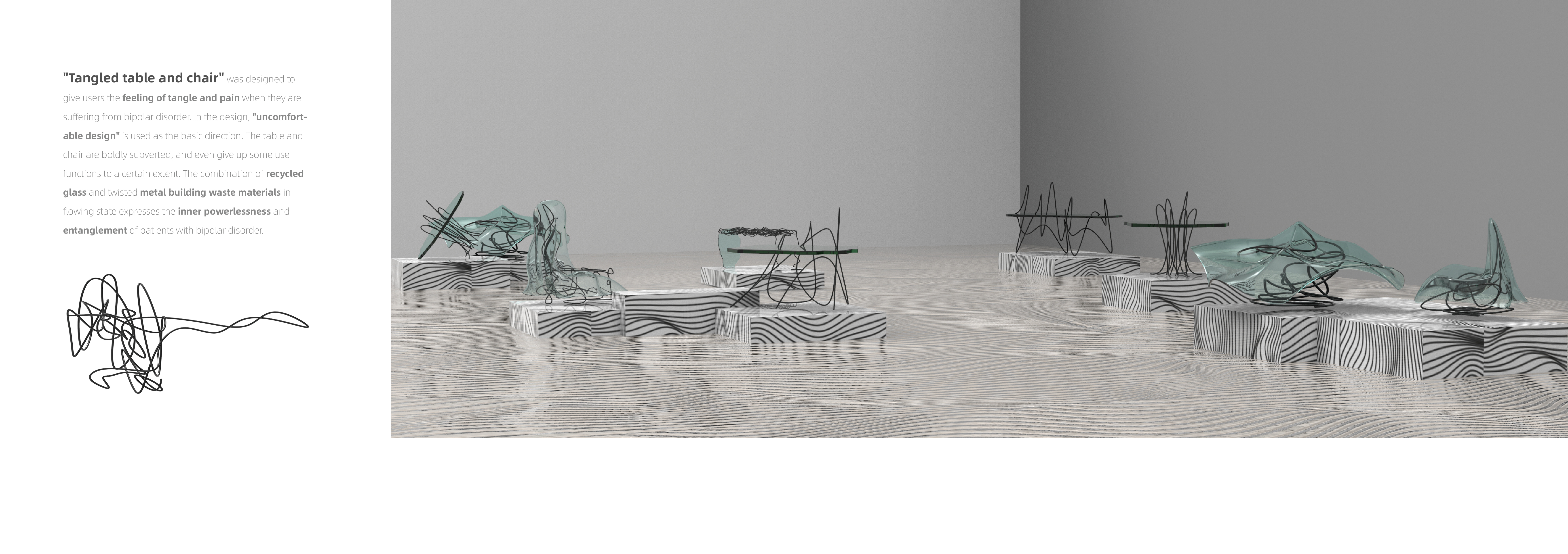 Installation art，bipolar disorder，Mental illness，Emotional design，Art Museum Installation，Recycled material design，Conceptual Furniture Design，