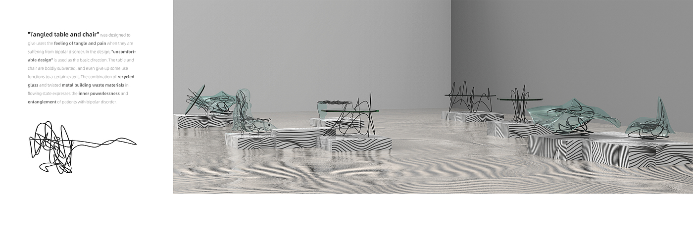 Installation art，bipolar disorder，Mental illness，Emotional design，Art Museum Installation，Recycled material design，Conceptual Furniture Design，