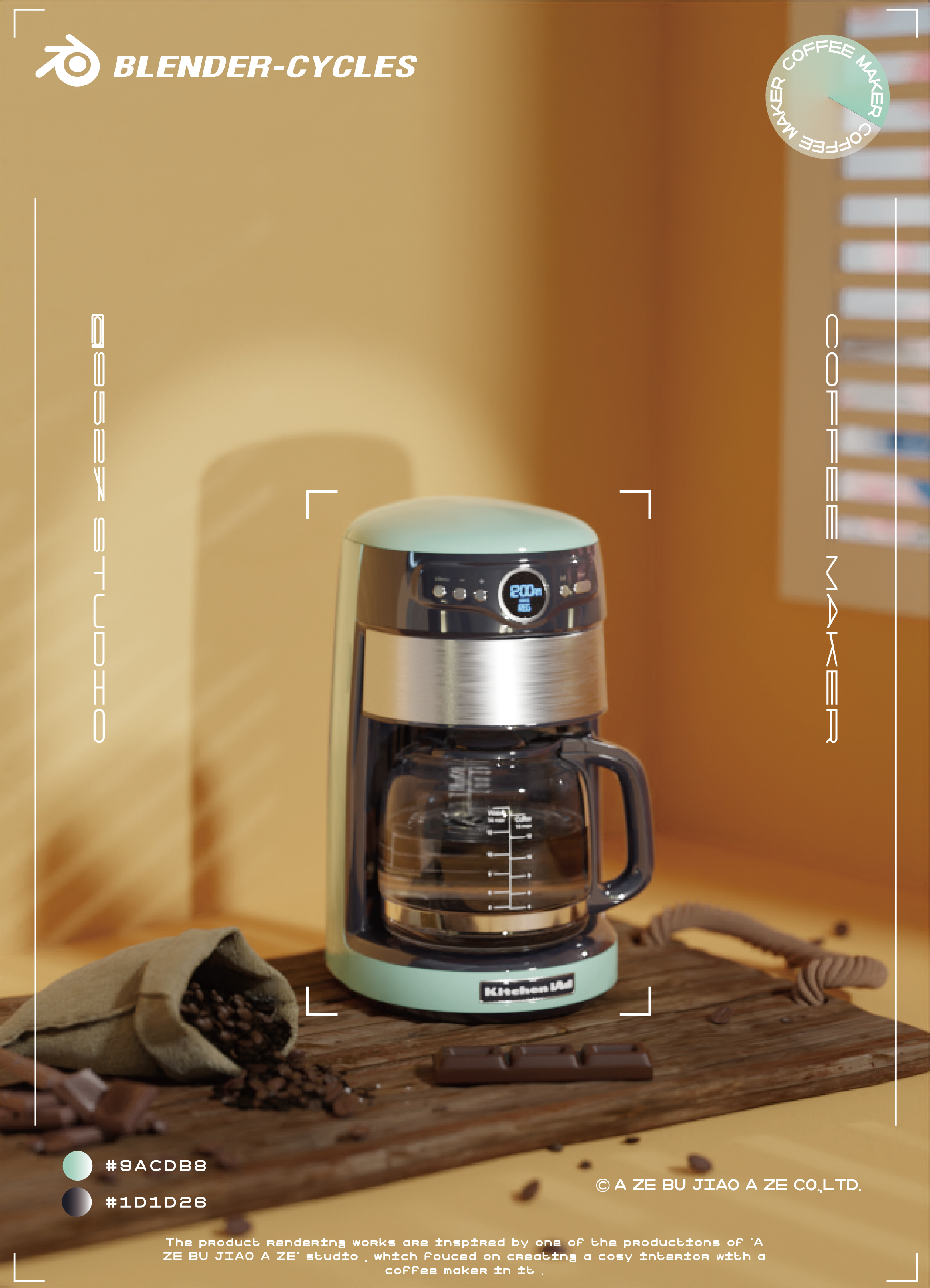 Coffee，Coffee machine，product design，industrial design，Product rendering，scene，Typesetting，BLENDER，