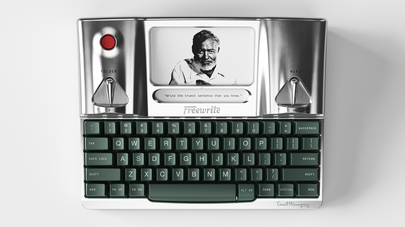 typewriter，Freewrite，cgi，3d，product design，visualization，Hemingway，