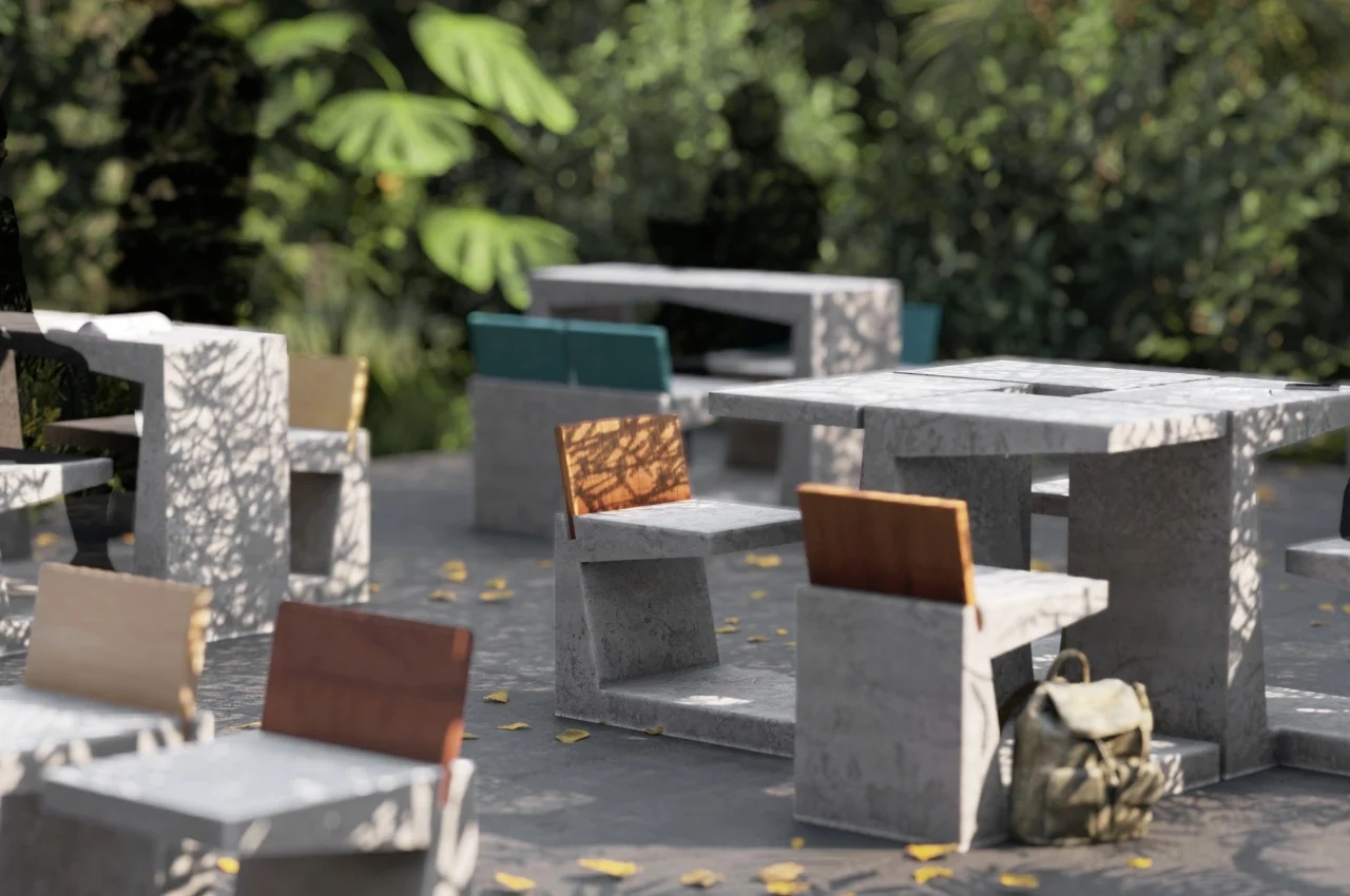 concrete，Brute，wood，outdoors，Tables and chairs，