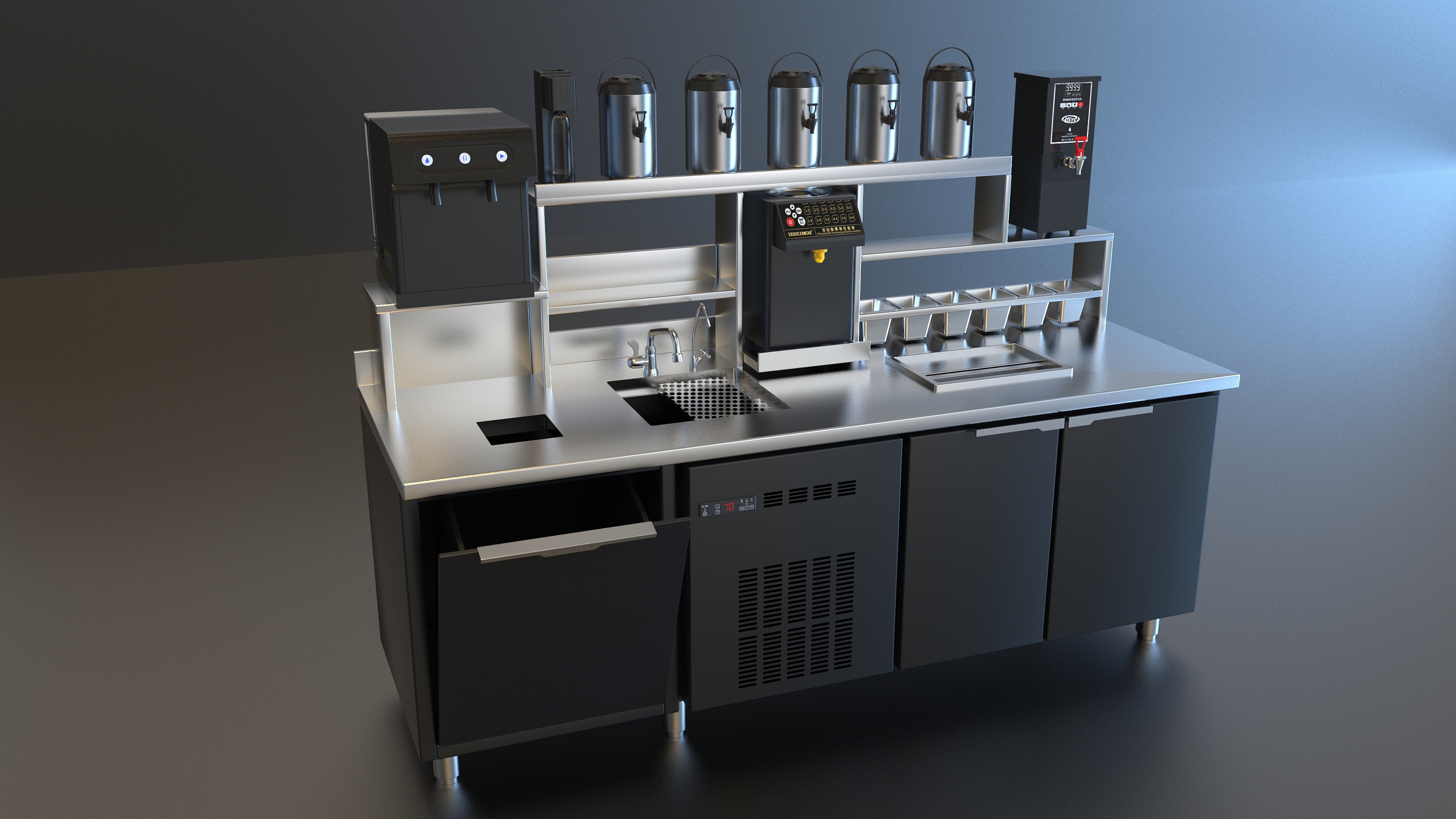 Milk tea console，stainless steel，Product rendering，black，