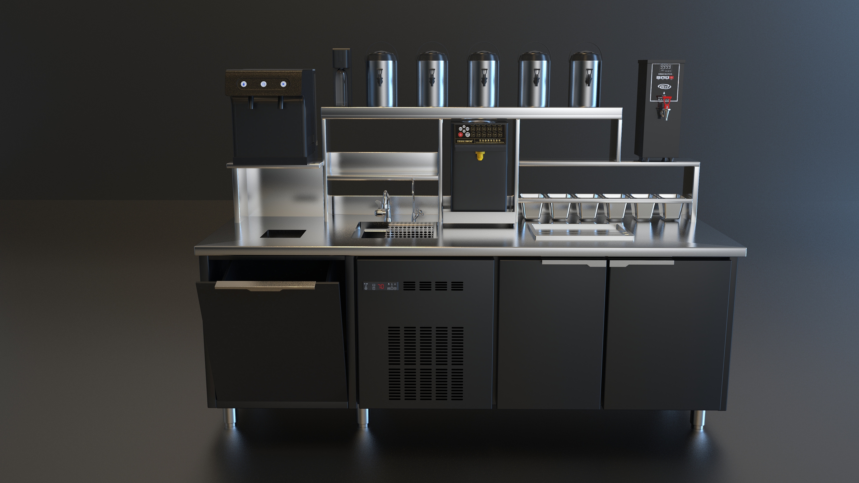 Milk tea console，stainless steel，Product rendering，black，