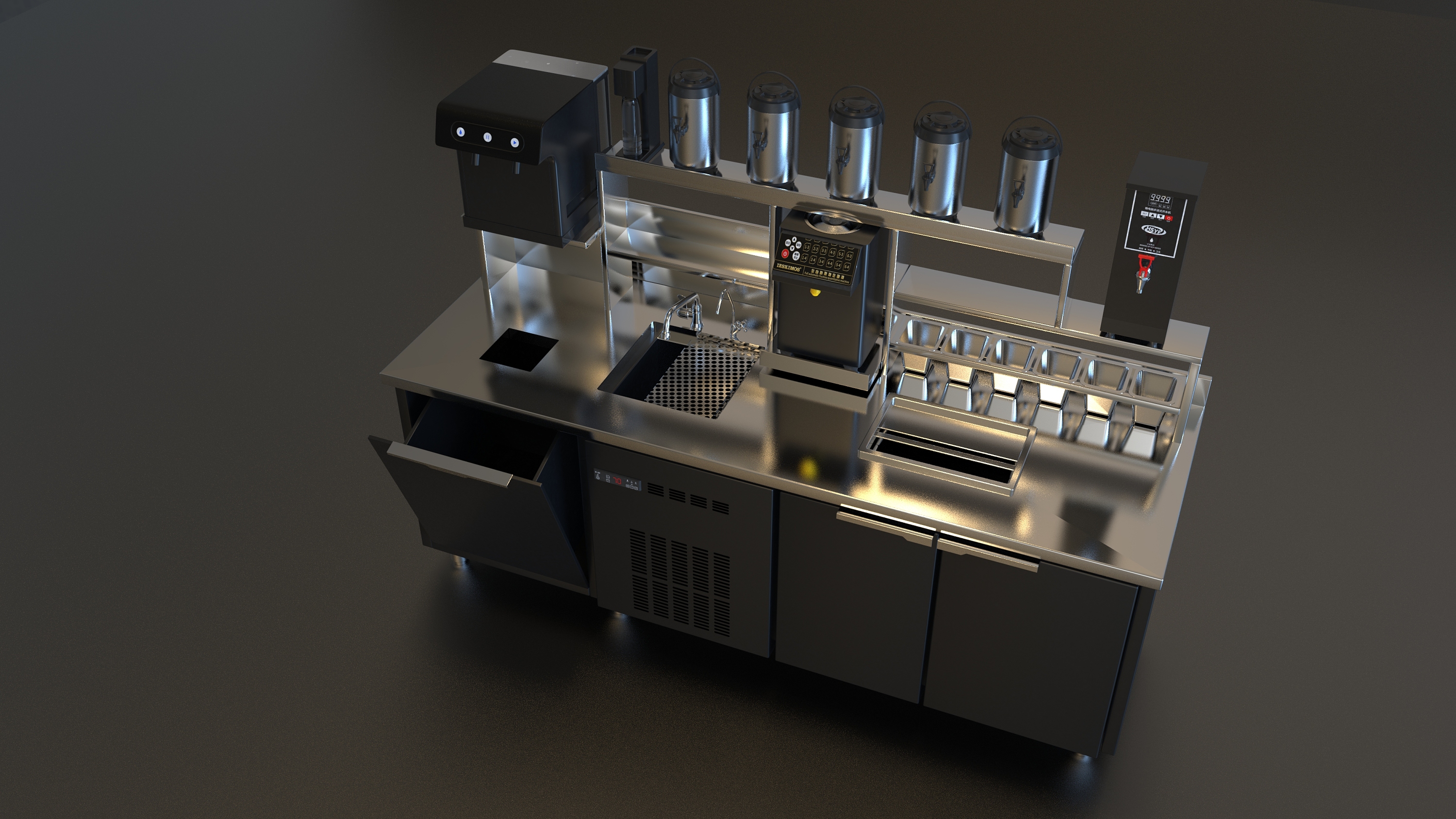 Milk tea console，stainless steel，Product rendering，black，