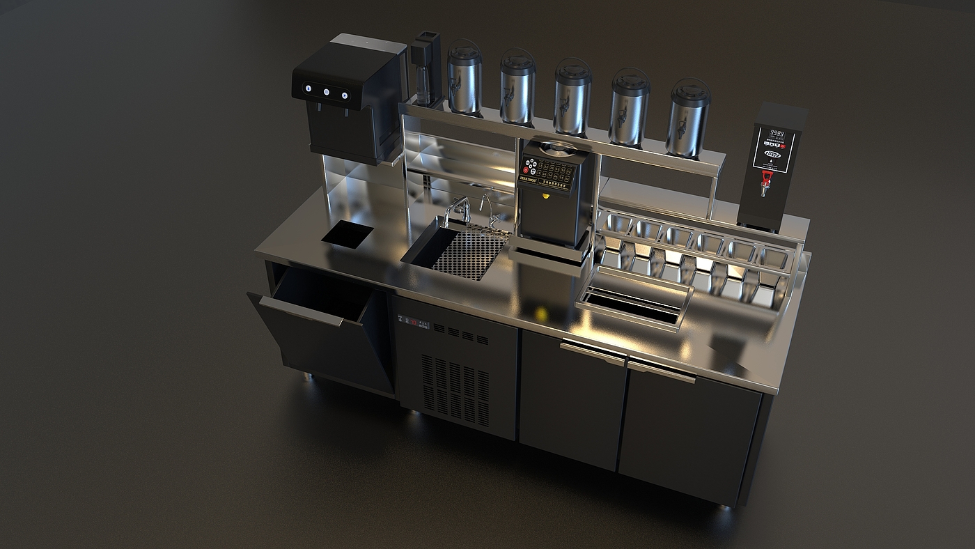 Milk tea console，stainless steel，Product rendering，black，