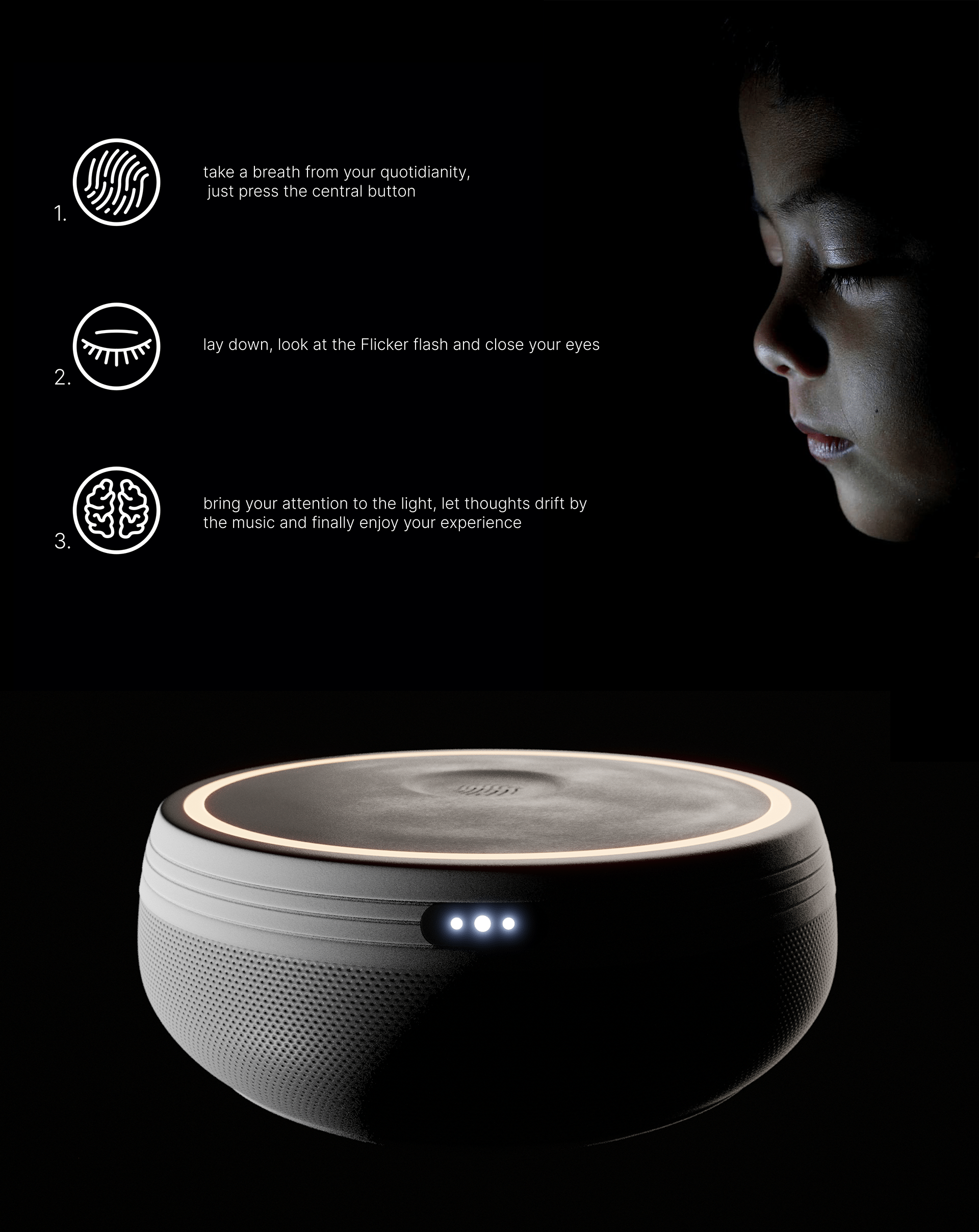 Luca Persico，Flicker，Stroboscopic stimulation，product design，Meditation speaker，