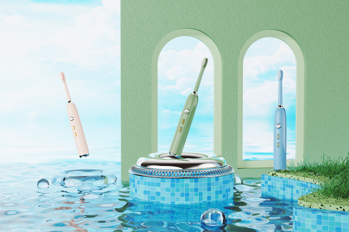 Electric toothbrush，Retro，Gehu，fashion，trend，young，Detail page design，3D visual design，