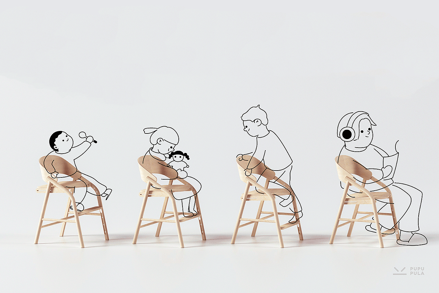 High chair，Children's section，Wooden chair，grace，fluent，