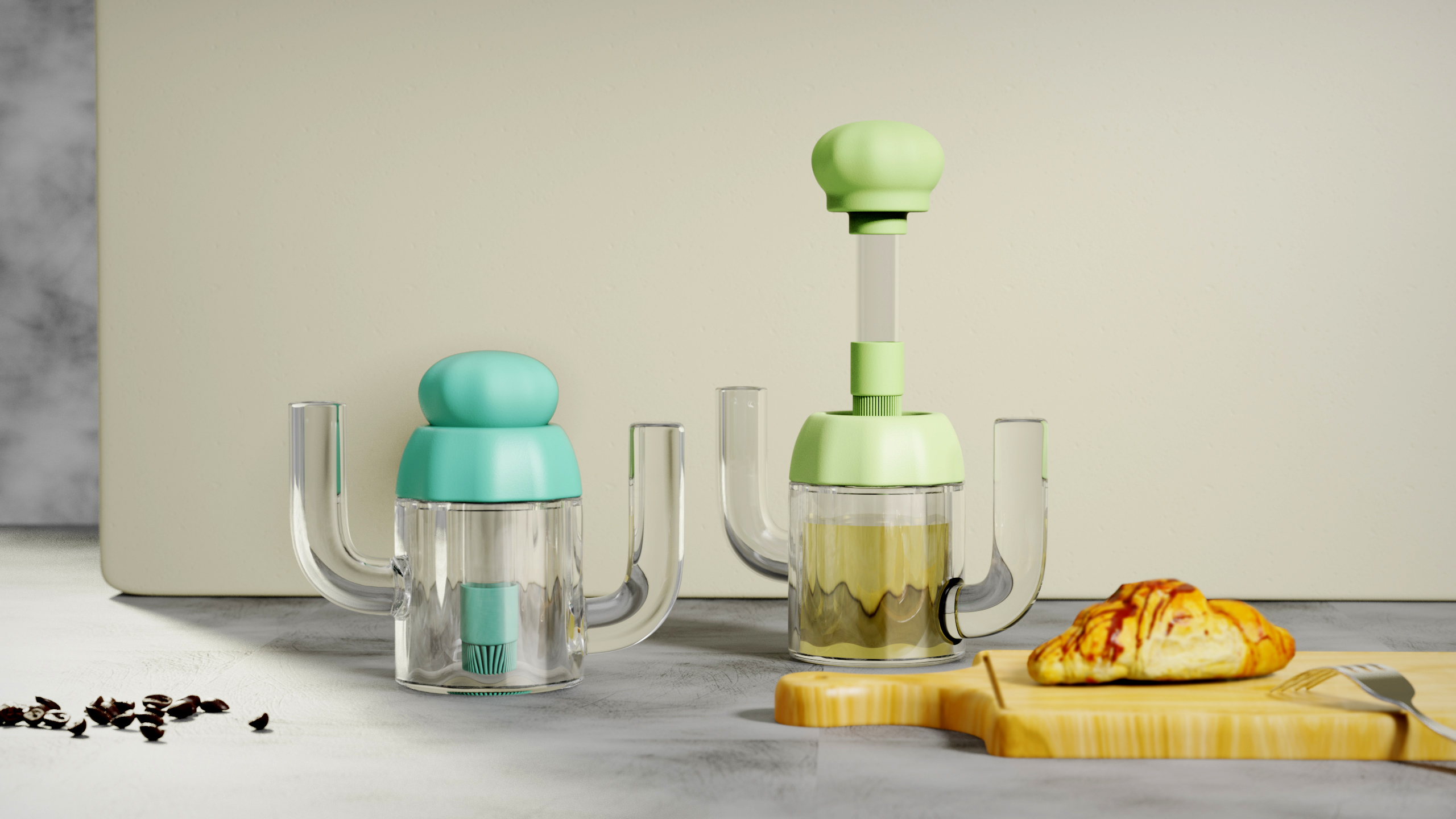 Oil pot，Cactus oil jug design，Kitchen storage，Bionics Design ，Innovative design，Original design，Cultural and creative design，