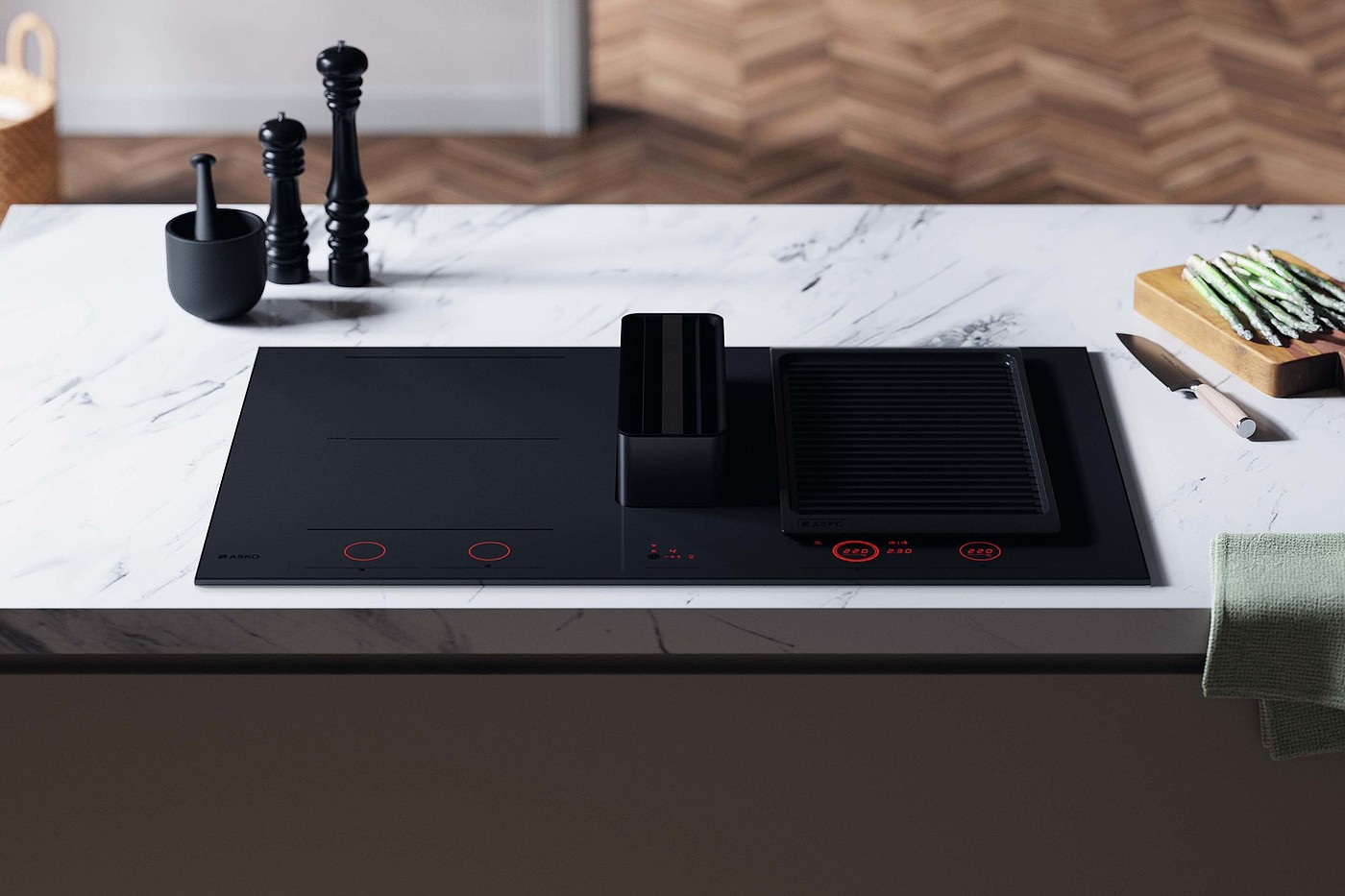 product design，kitchen，Induction cooker with integrated down suction oil extractor，