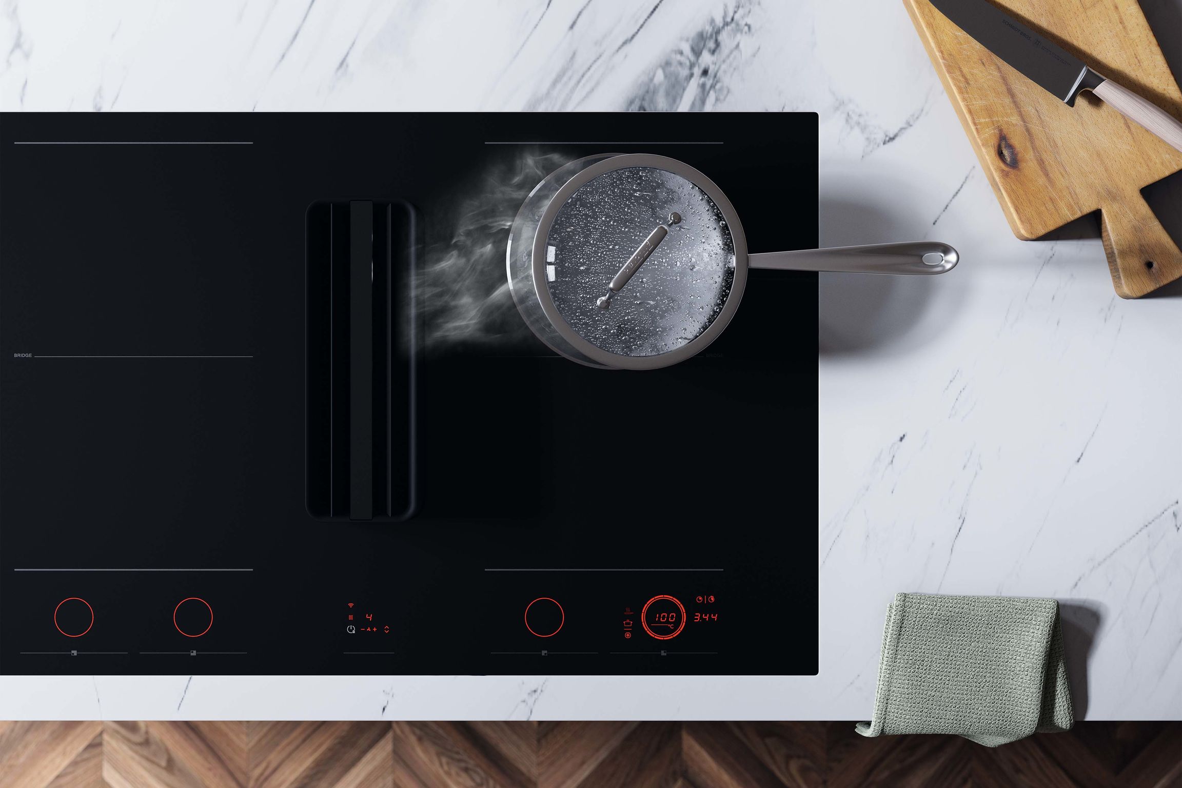 product design，kitchen，Induction cooker with integrated down suction oil extractor，