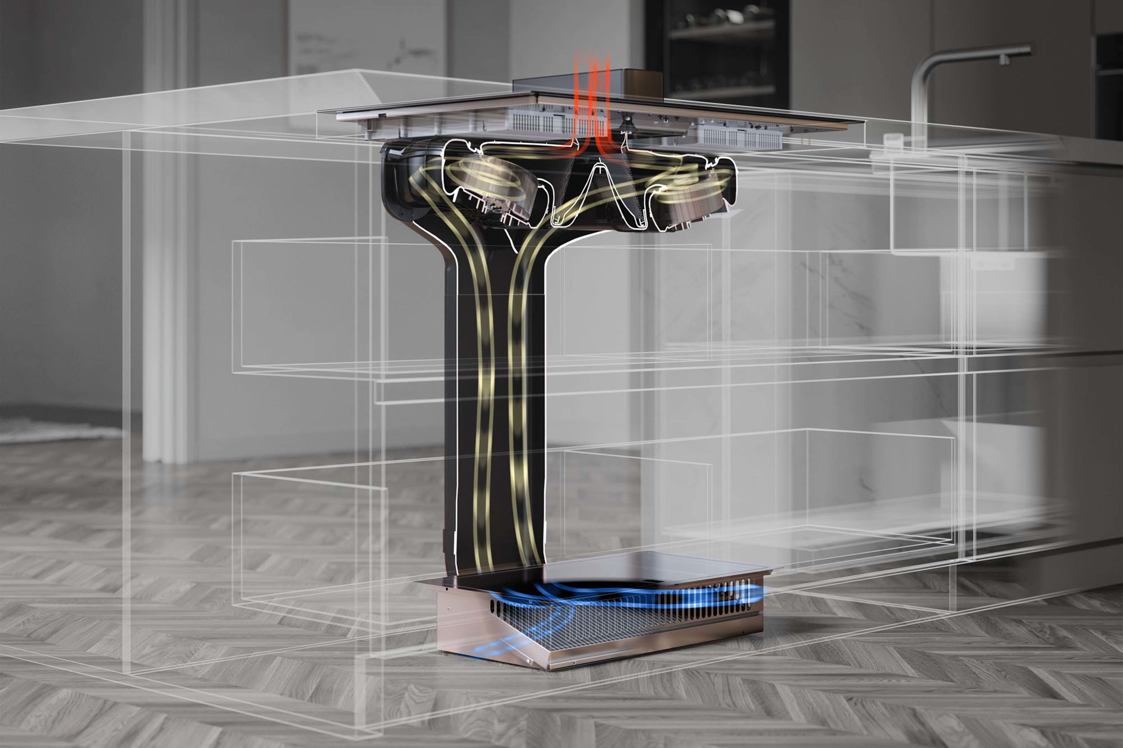 product design，kitchen，Induction cooker with integrated down suction oil extractor，