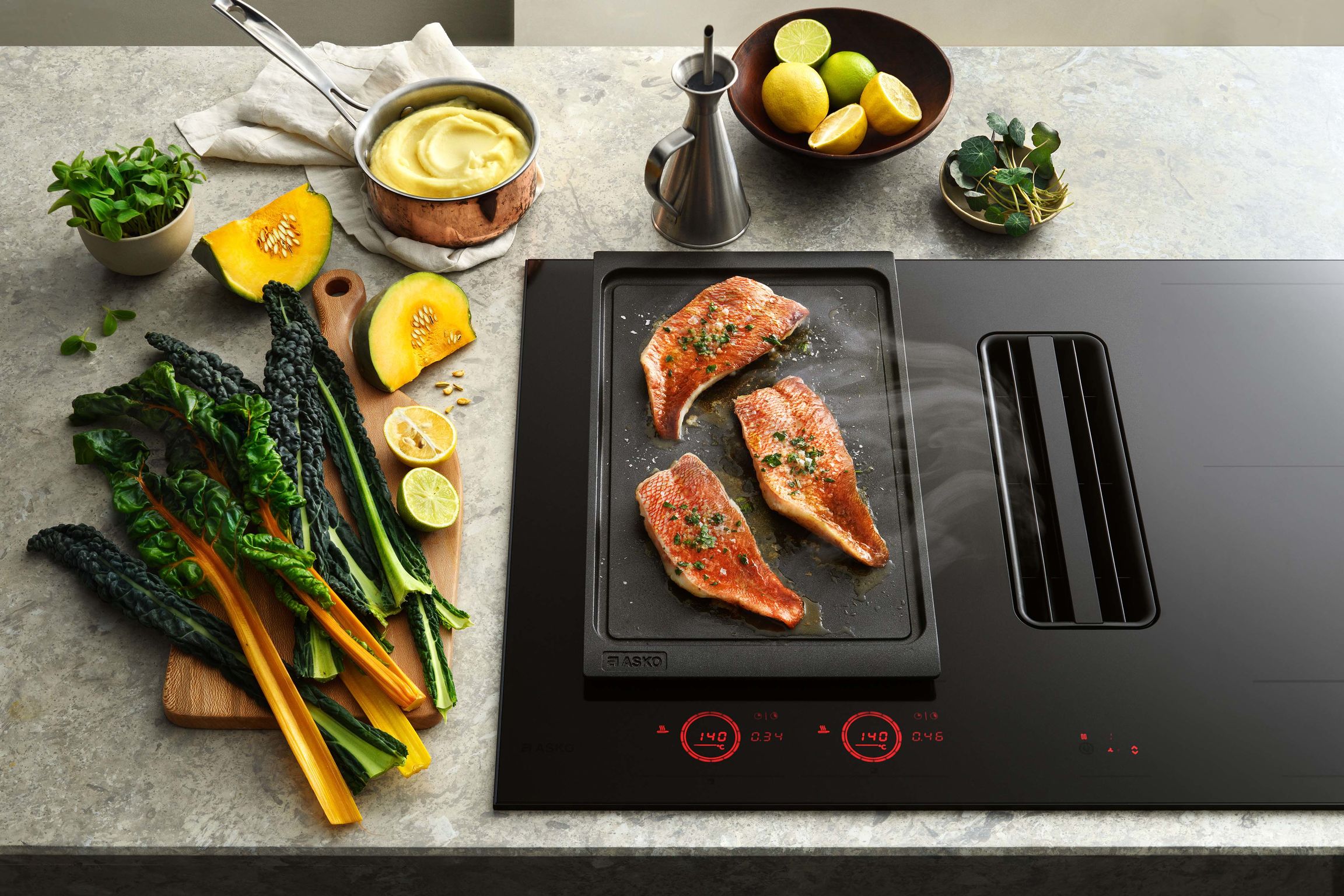 product design，kitchen，Induction cooker with integrated down suction oil extractor，