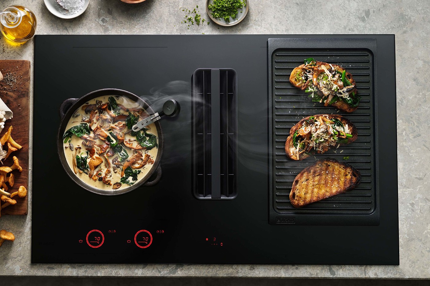 product design，kitchen，Induction cooker with integrated down suction oil extractor，