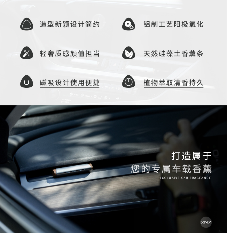 Natural spices，Magnetic absorption design，Light luxury texture，modern stylish，Car-mounted good，Premium Gift Packaging，Car Aromatherapy Fragrance，Metal black walnut material，