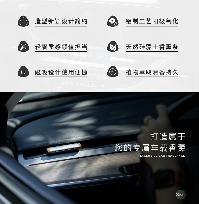 Natural spices，Magnetic absorption design，Light luxury texture，modern stylish，Car-mounted good，Premium Gift Packaging，Car Aromatherapy Fragrance，Metal black walnut material，