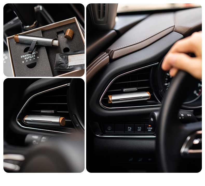 Natural spices，Magnetic absorption design，Light luxury texture，modern stylish，Car-mounted good，Premium Gift Packaging，Car Aromatherapy Fragrance，Metal black walnut material，