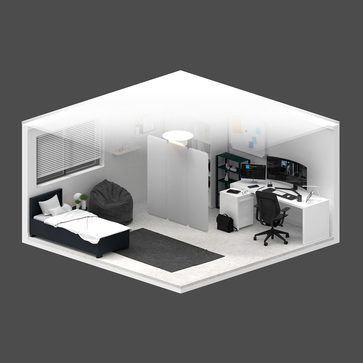 building design，Single room，Interior design，Isolation Hanging Plate，Isolation ceiling，product design，