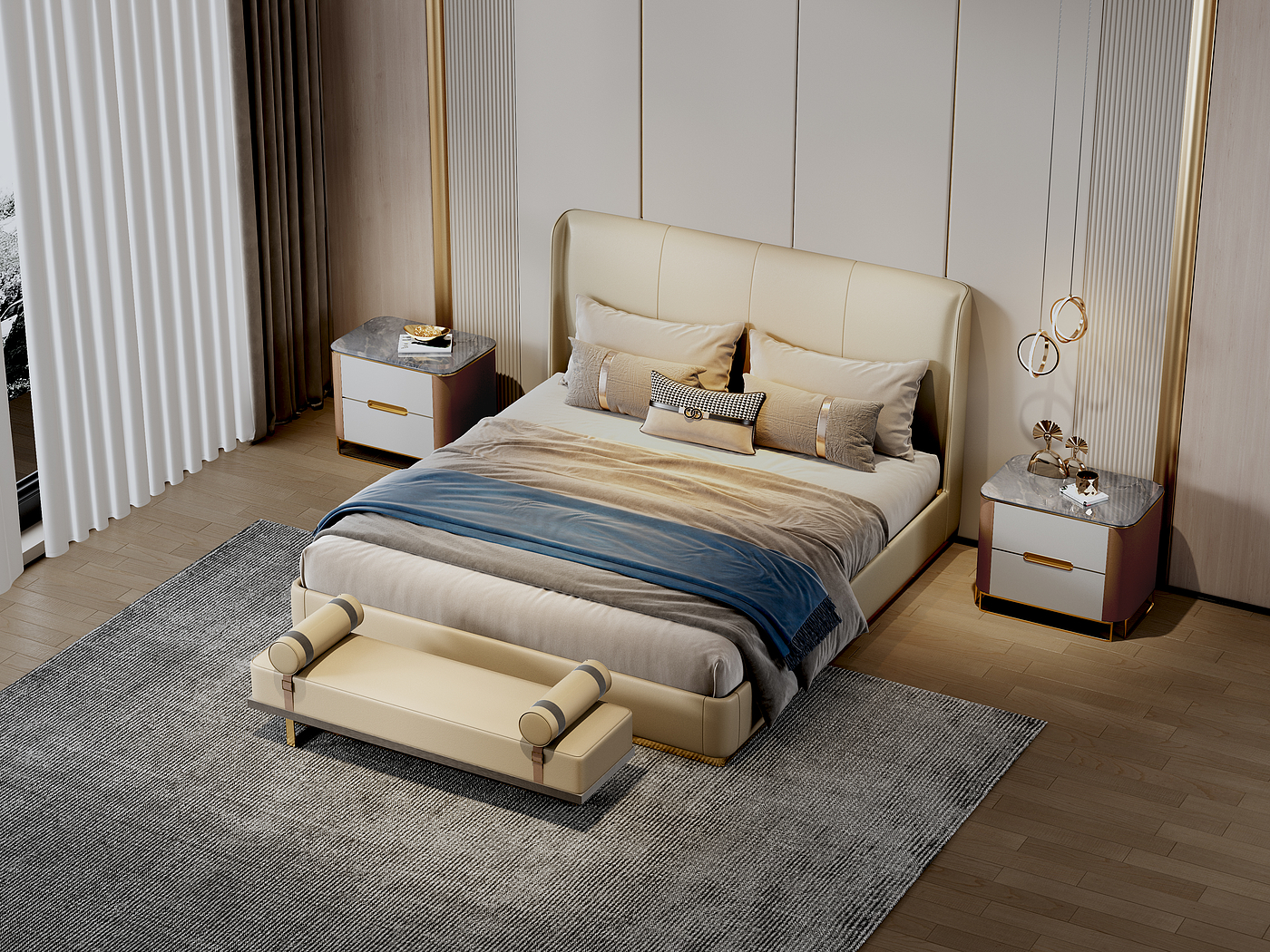 Bed，Render，bedside cupboard，bedroom，product design，space design ，