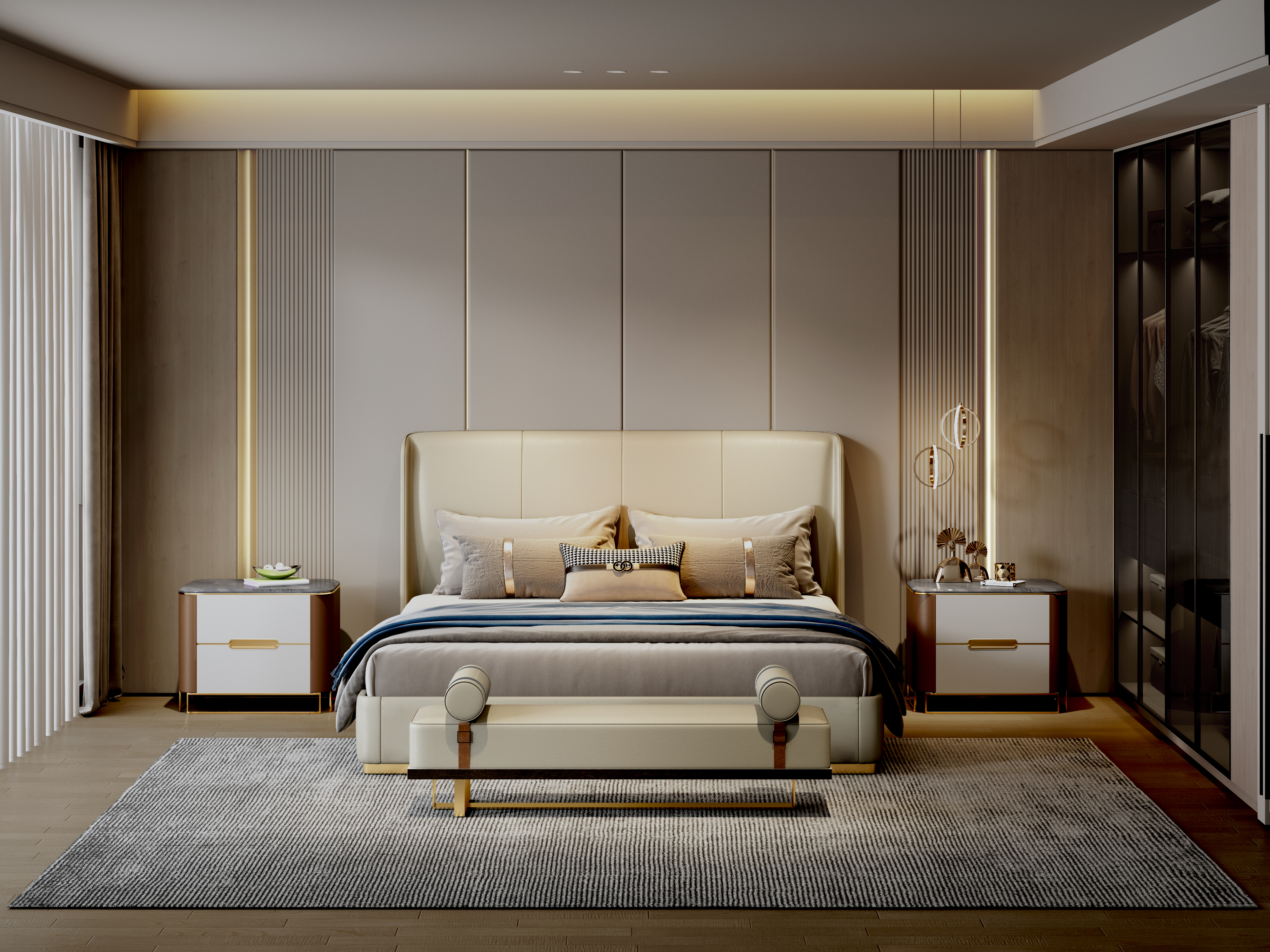 Bed，Render，bedside cupboard，bedroom，product design，space design ，