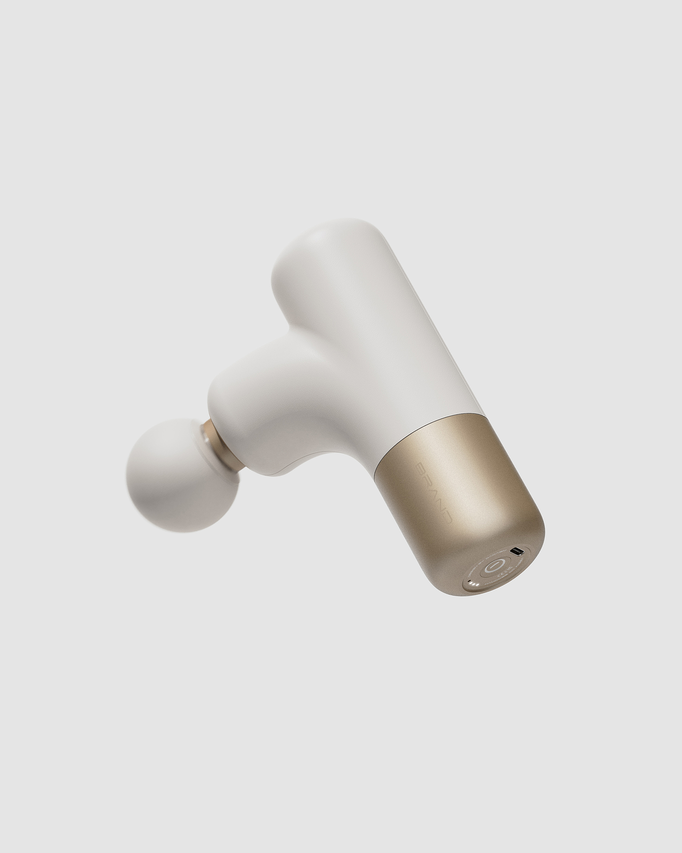 Mini fascia gun，Bionics Design ，Ivory white color matching，Gold color matching，Warm tone scene，Fascia gun，Product appearance design，product dynamic chart，