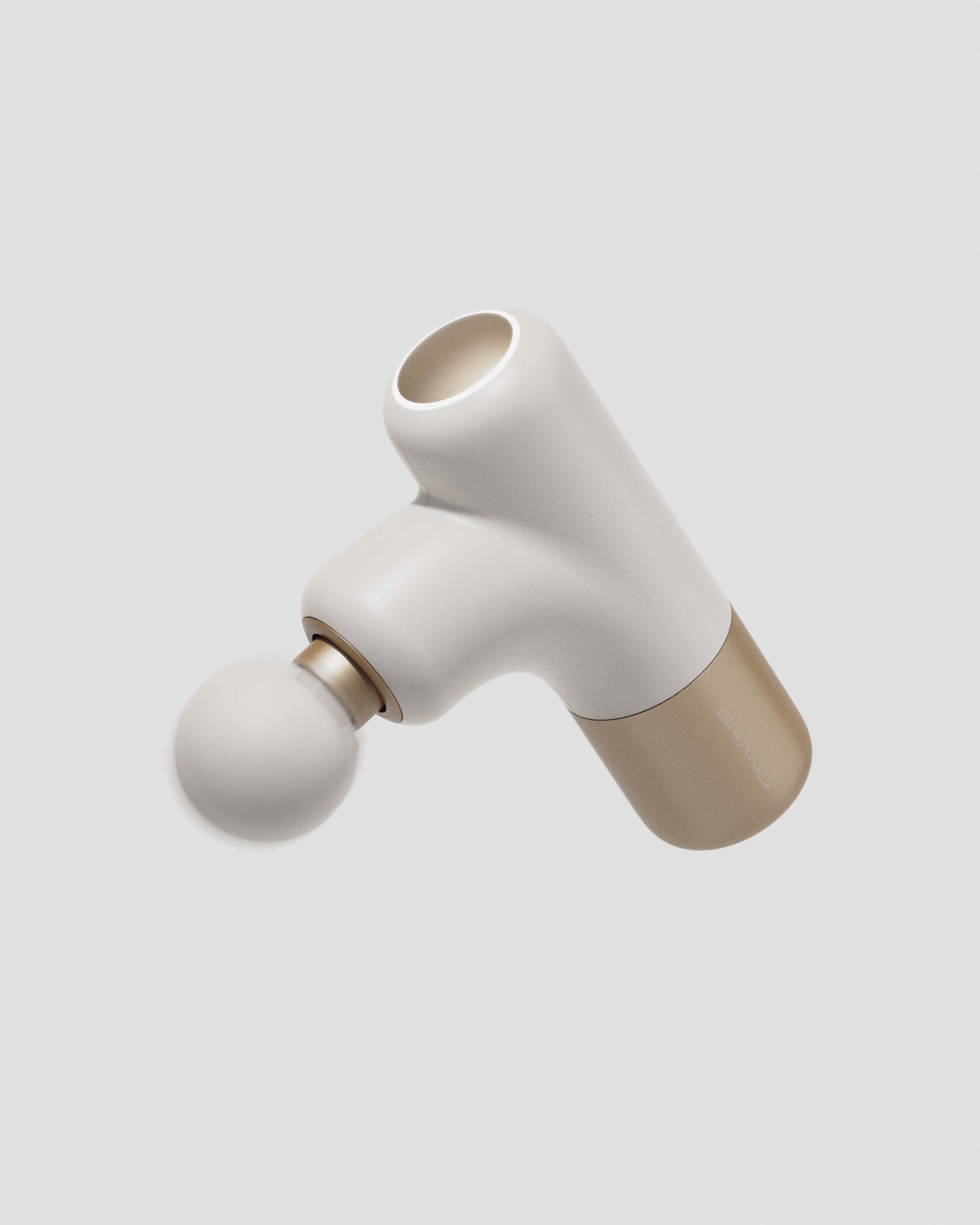 Mini fascia gun，Bionics Design ，Ivory white color matching，Gold color matching，Warm tone scene，Fascia gun，Product appearance design，product dynamic chart，