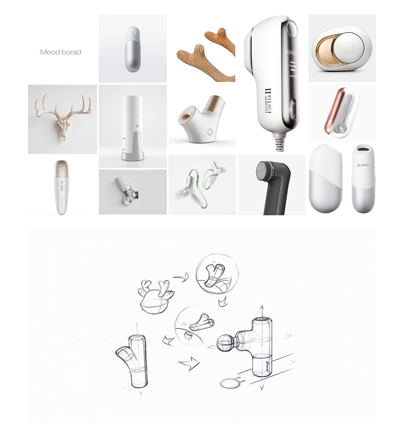 Mini fascia gun，Bionics Design ，Ivory white color matching，Gold color matching，Warm tone scene，Fascia gun，Product appearance design，product dynamic chart，