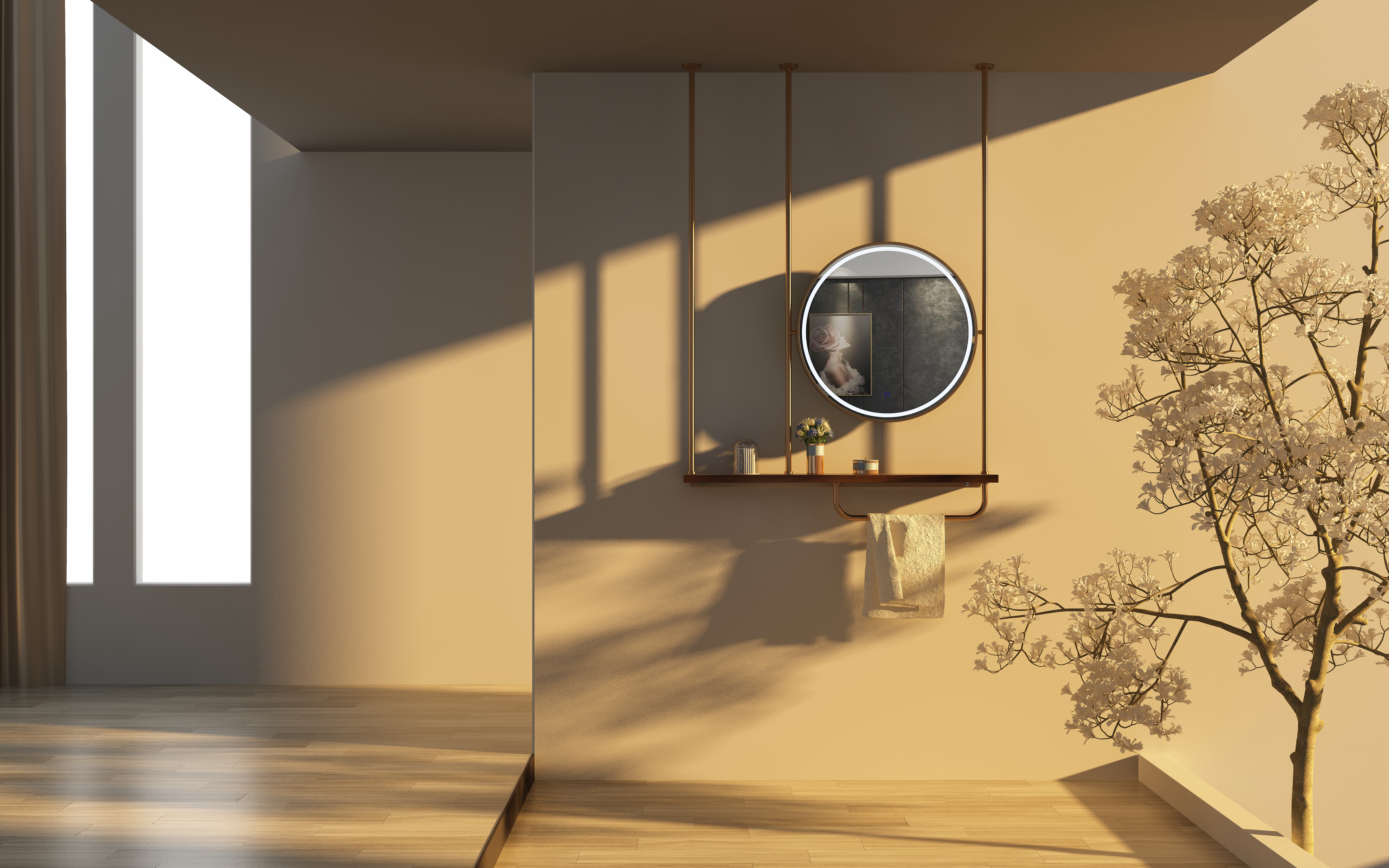 swing，mirror，bathroom，product design，dusk，Black walnut，