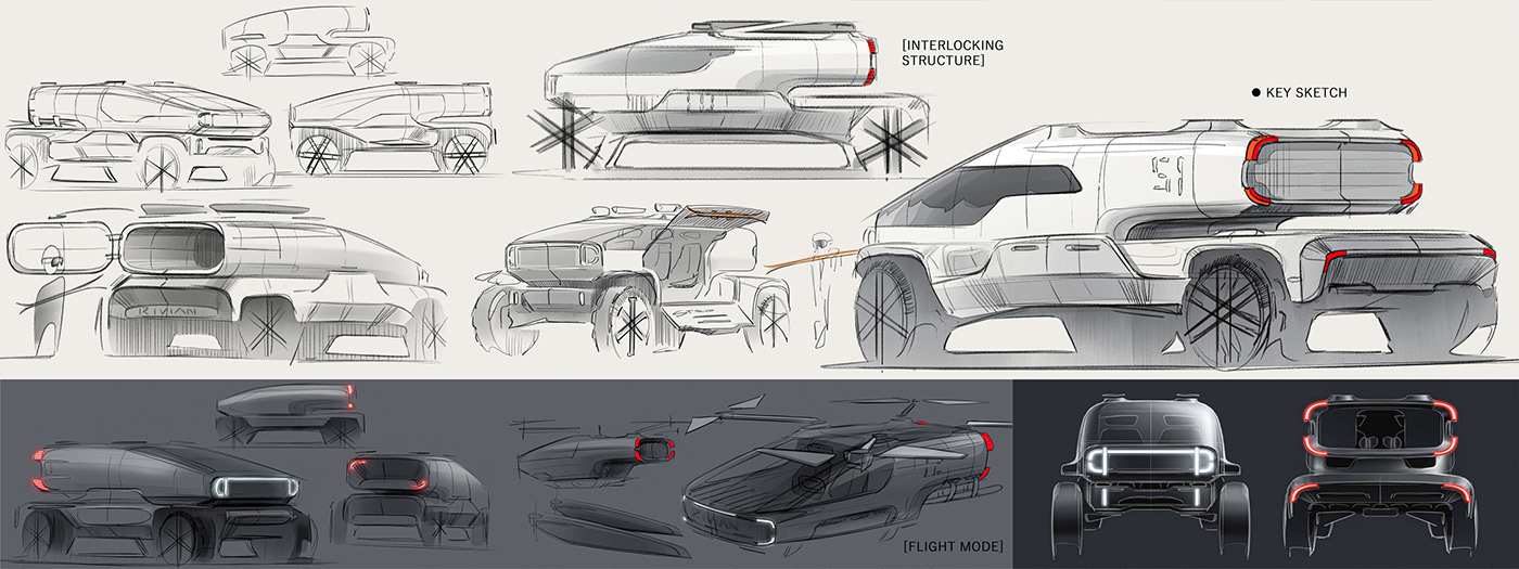 industrial design，Automobile design，conceptual design，Digital art，Rivian，Flying car，modularization，