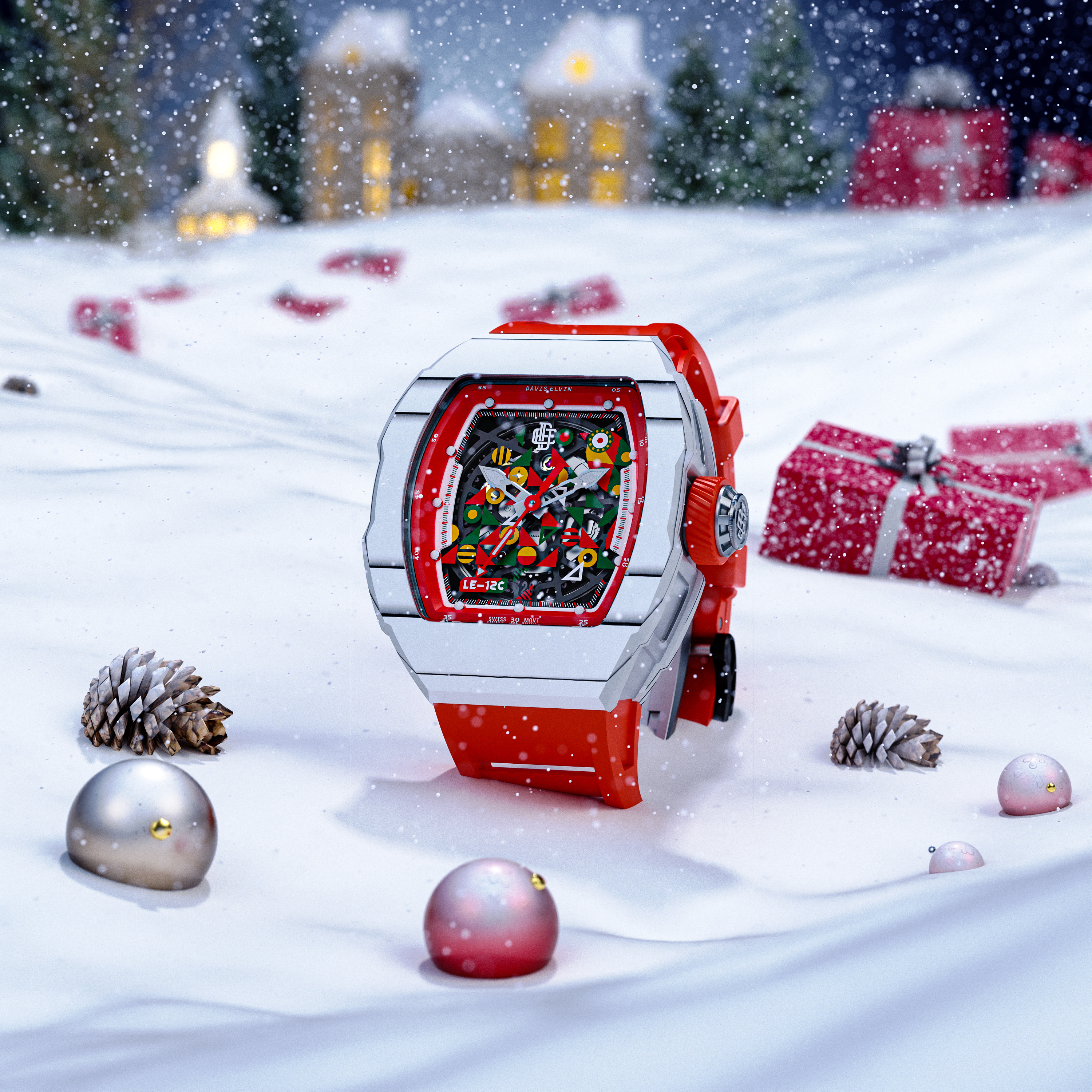 christmas，surface，keyshot，gules，snow，indoor，Realistic，