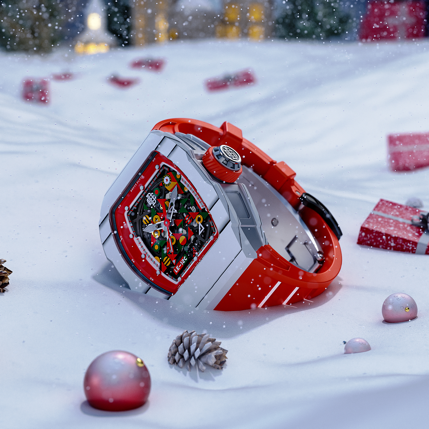 圣诞，表，keyshot，红色，雪，室内，写实，