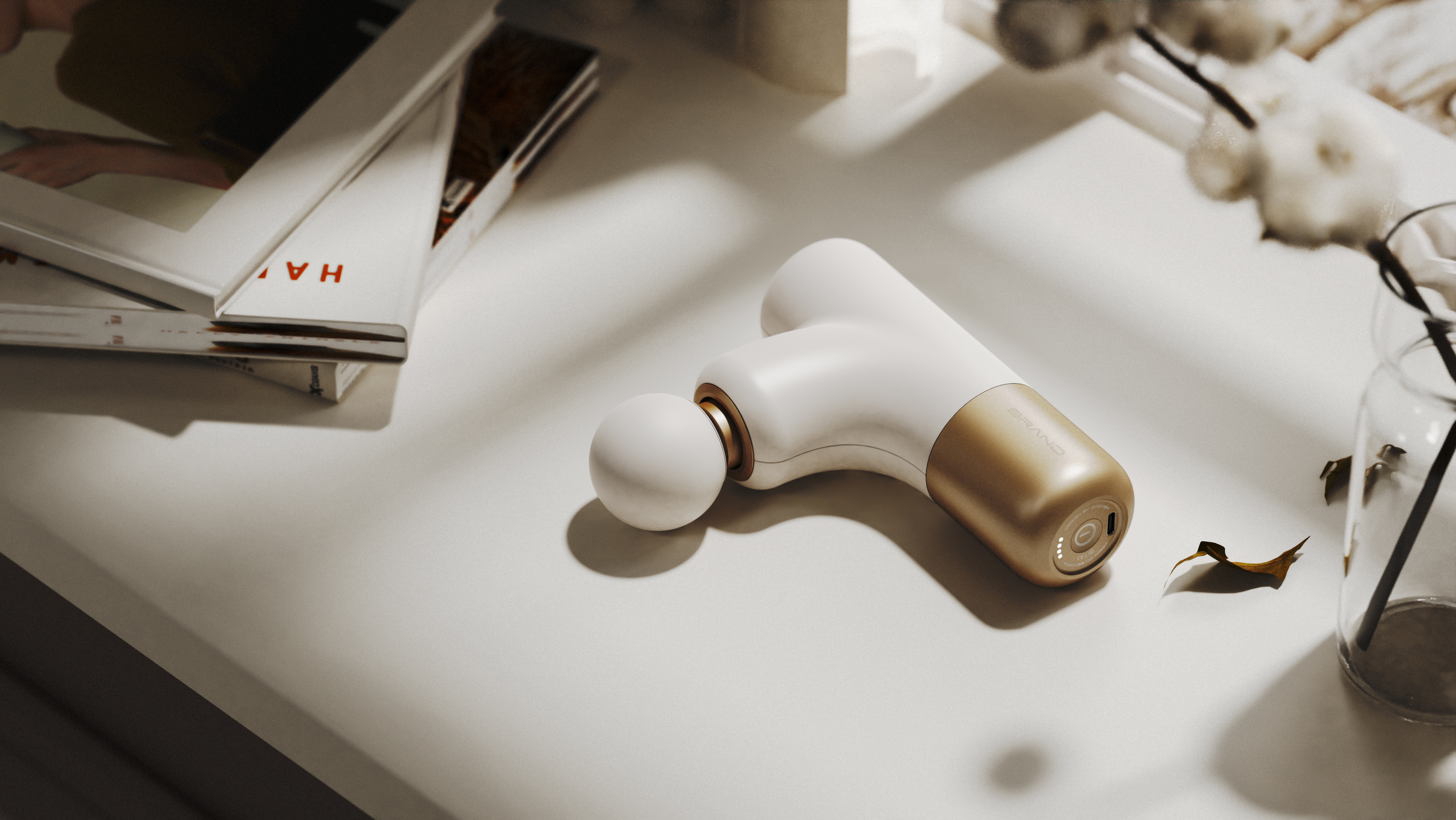 Mini fascia gun，Bionics Design ，Ivory white color matching，Gold color matching，Warm tone scene，Fascia gun，Product appearance design，product dynamic chart，