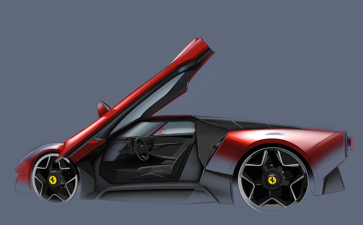 Ferrari，automobile，industrial design，Hand drawing，Render，