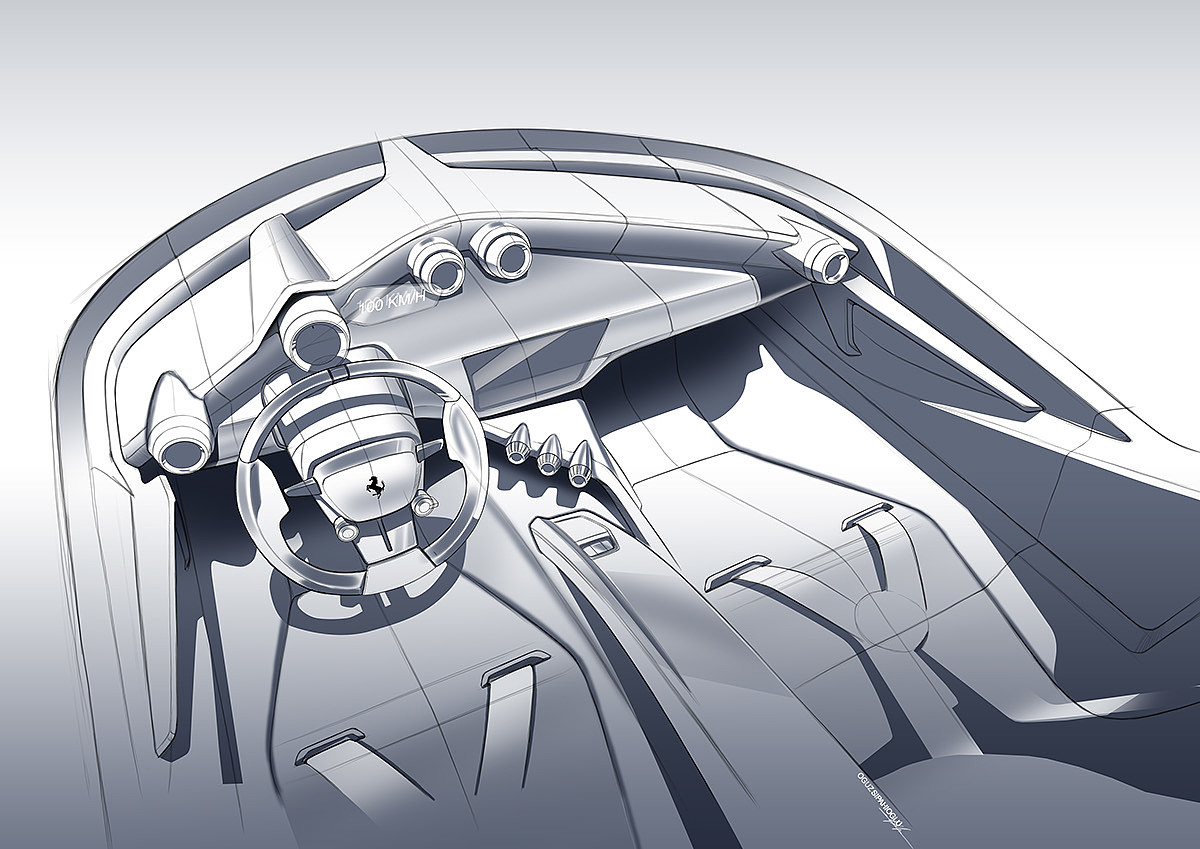 Ferrari，automobile，industrial design，Hand drawing，Render，