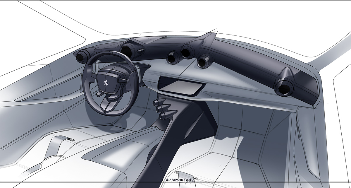 Ferrari，automobile，industrial design，Hand drawing，Render，