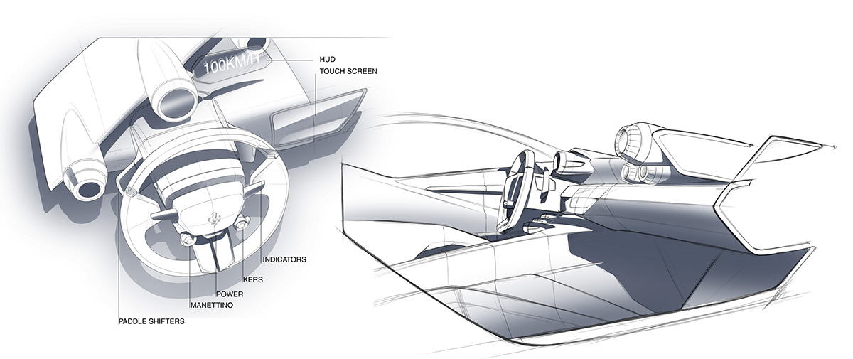 Ferrari，automobile，industrial design，Hand drawing，Render，