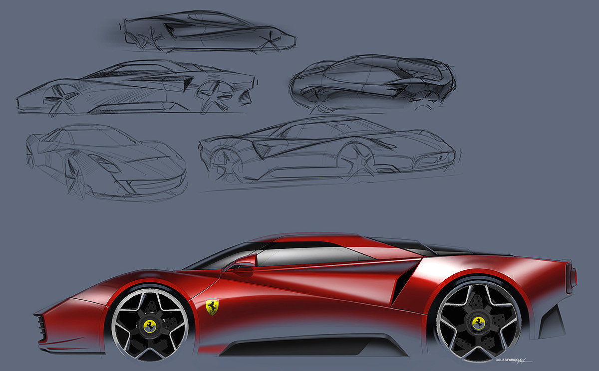 Ferrari，automobile，industrial design，Hand drawing，Render，